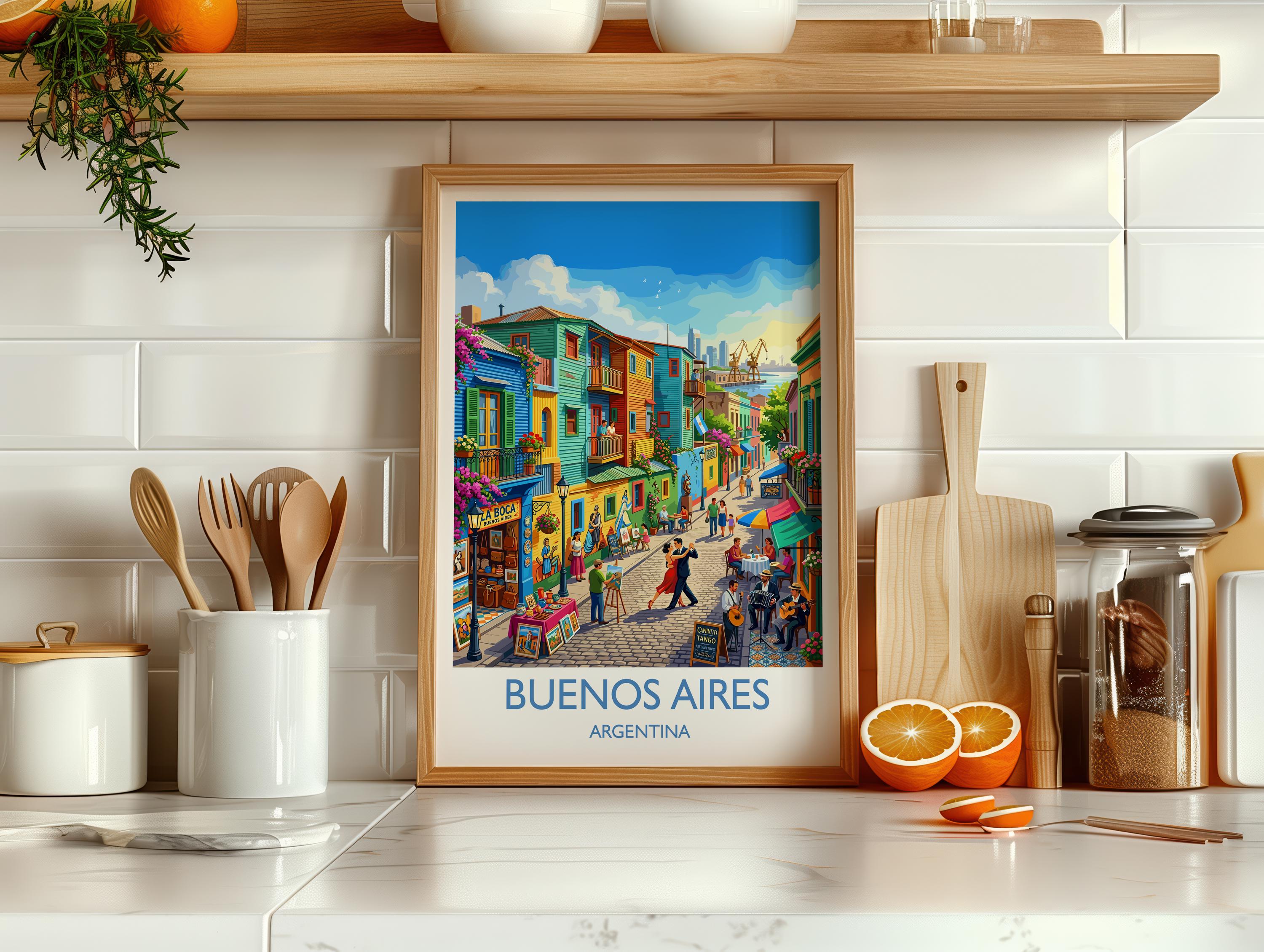 La Boca Buenos Aires Travel Poster, Caminito Wall Art, Colourful Argentina Print, Buenos Aires Illustration, Vintage Style South America