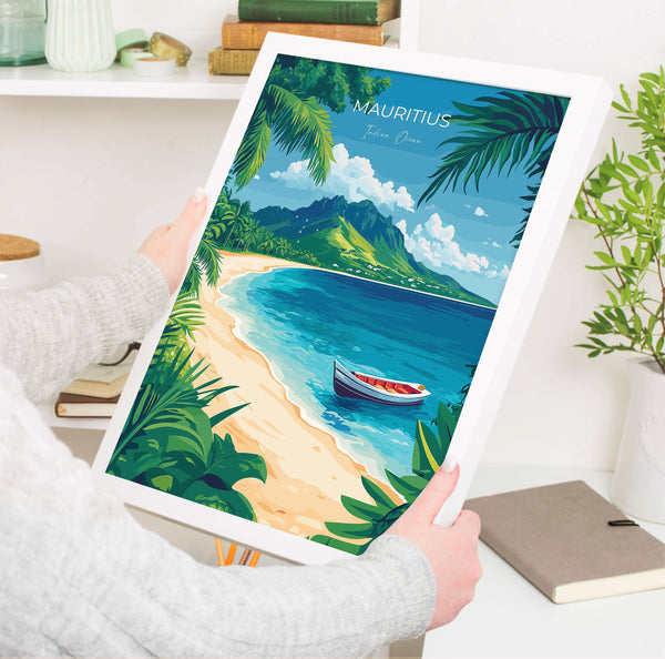 A person is holding a framed poster of a tropical beach scene with a boat in the water.
