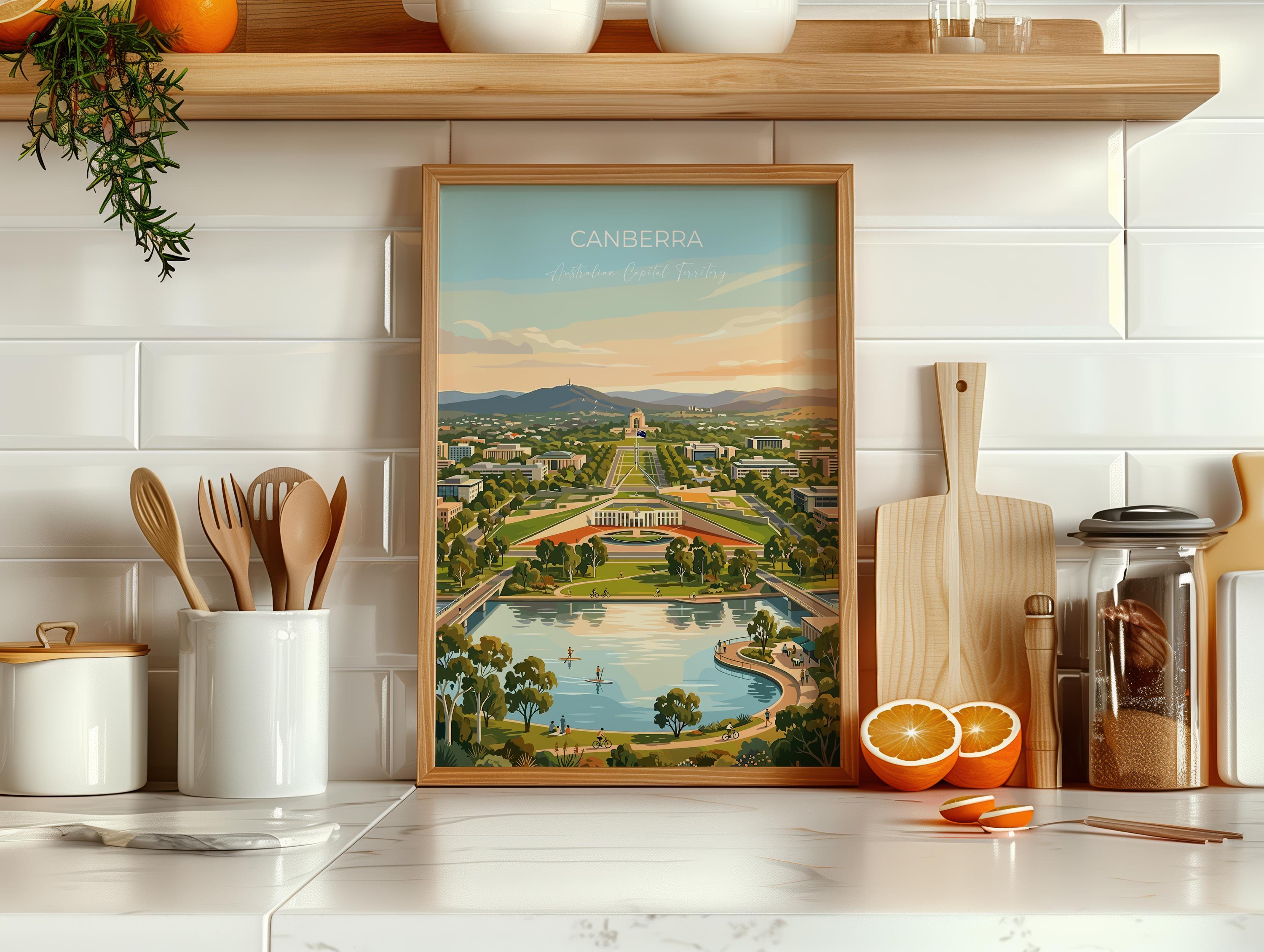 Canberra Australia Travel Poster, Parliament House Wall Art, Australian Capital City Print, Lake Burley Griffin Illustration, Australia Art