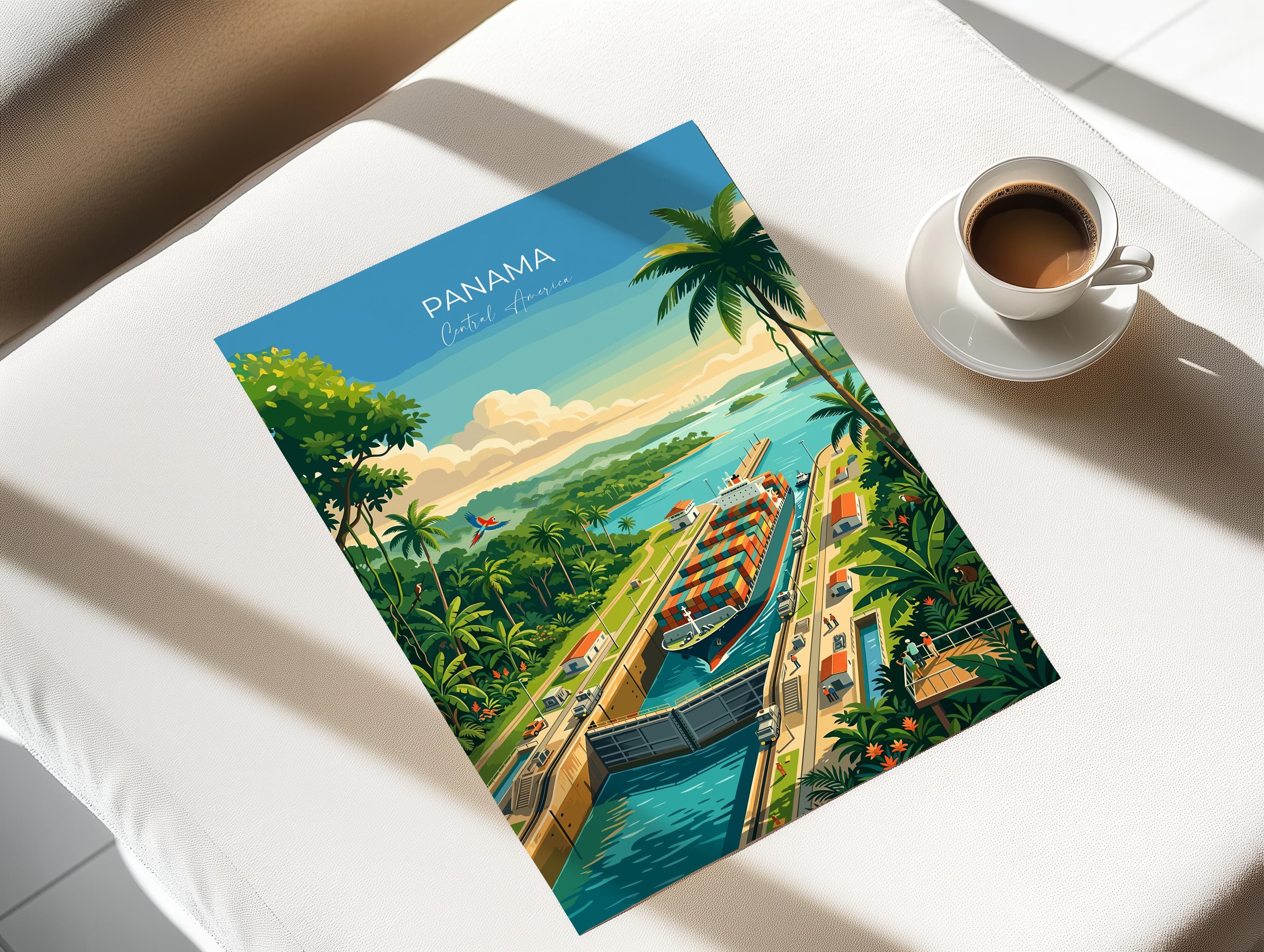 Panama Travel Poster, Panama Canal Wall Art, Panama City Skyline Print, Canal & Rainforest Poster, Central America Travel Poster