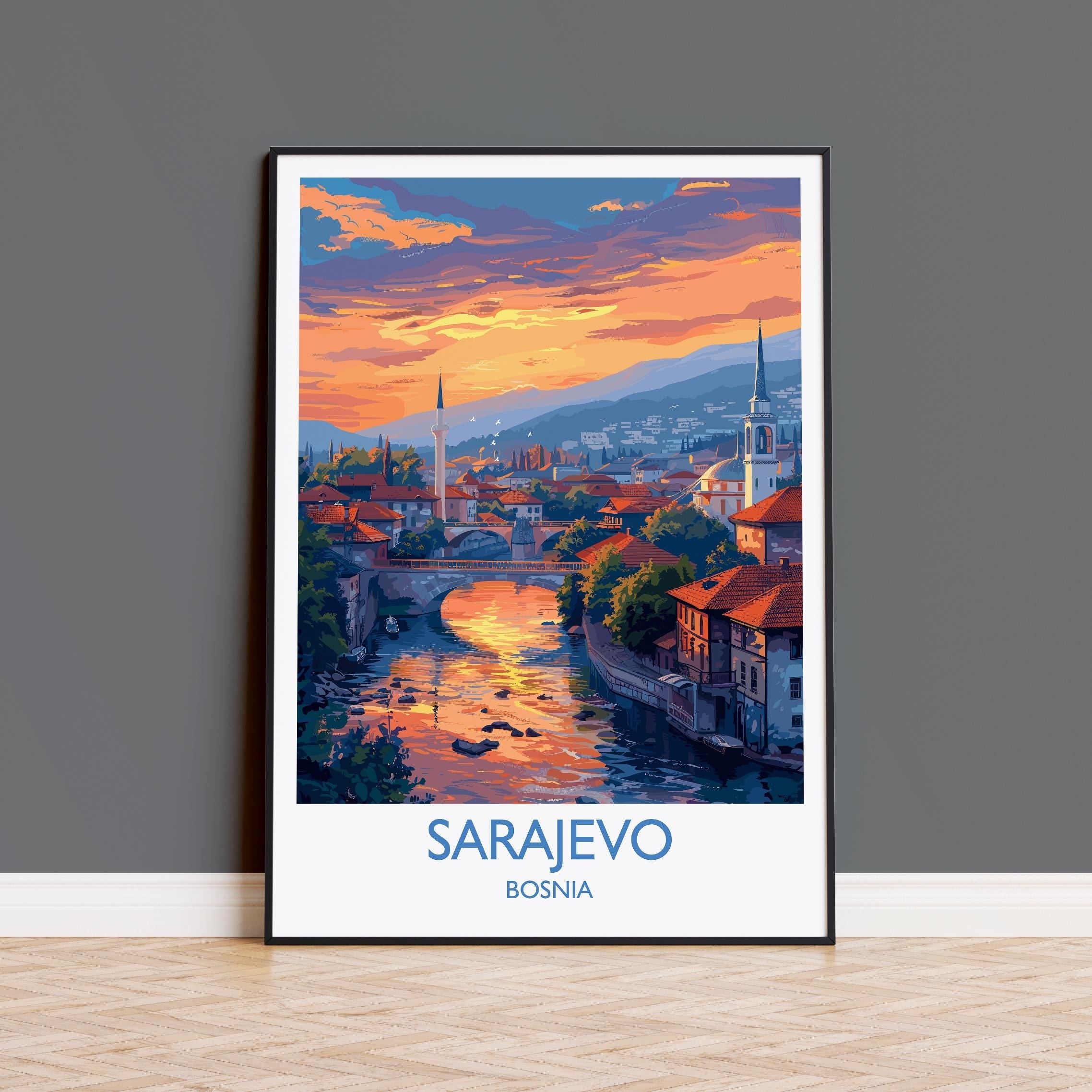 Sarajevo Travel Poster Wall Art, Travel Print of Sarajevo, Bosnia, Sarajevo Wall Art Gift, Bosnia Herzegovina City Print NQ Media Designs