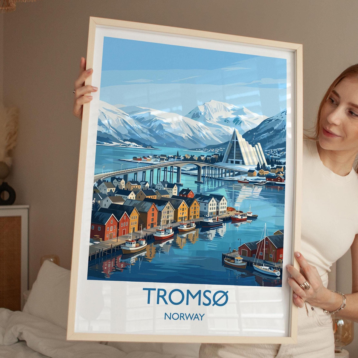 Tromsø Norway Print, Northern Lights Wall Art with Border, Arctic Cathedral Poster, Norway Travel Print, Tromsø Gift Print