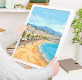 Fuengirola Spain Travel Print, Costa del Sol Beach Wall Art, Seaside Promenade Poster, Spanish Coastal Illustration, Holiday Decor