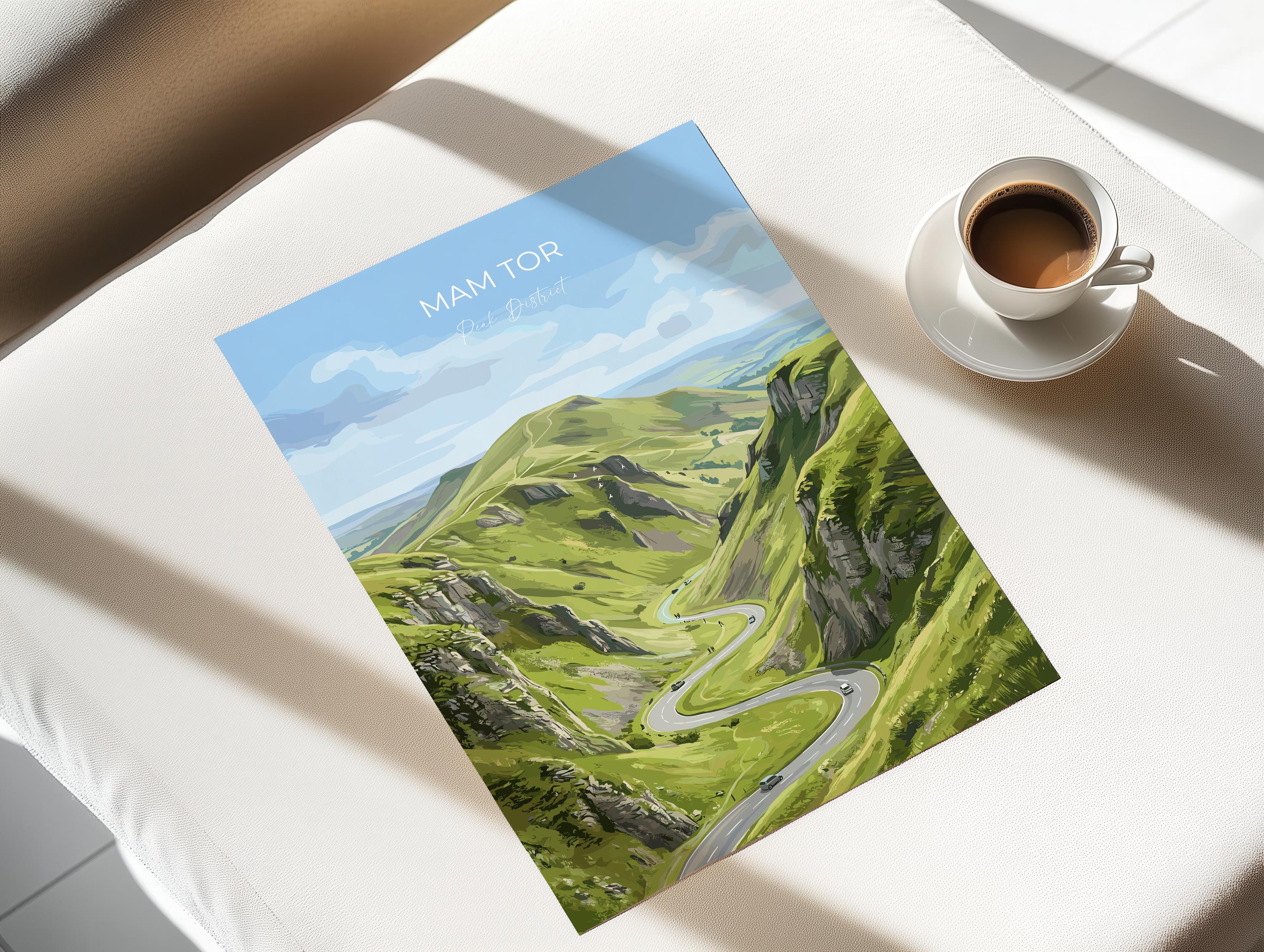 Mam Tor Travel Print, Peak District Wall Art, Derbyshire Landscape Poster, Great Ridge Illustration, UK Nature Decor, Peak District Gift