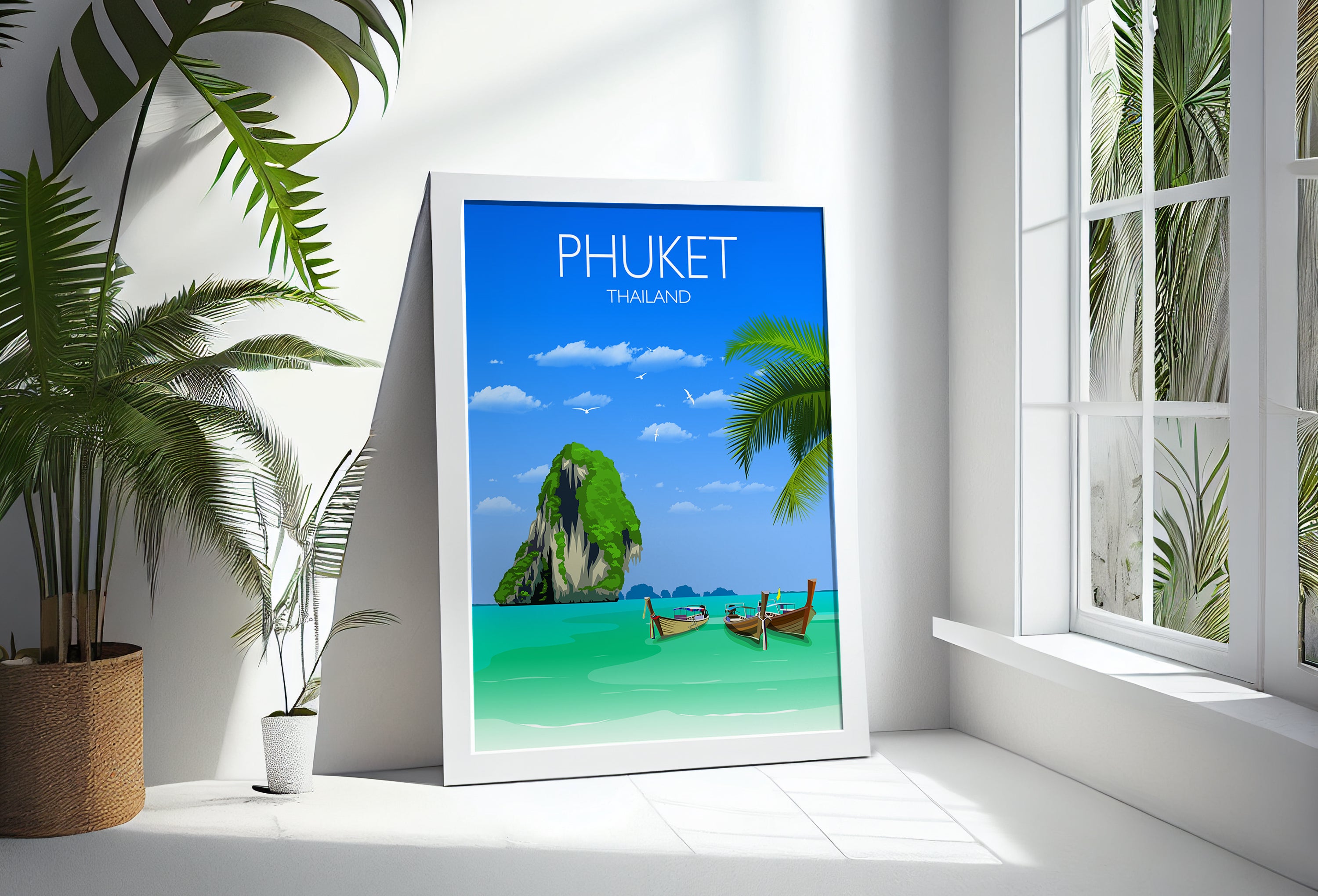 a poster of a beach with a boat in the water