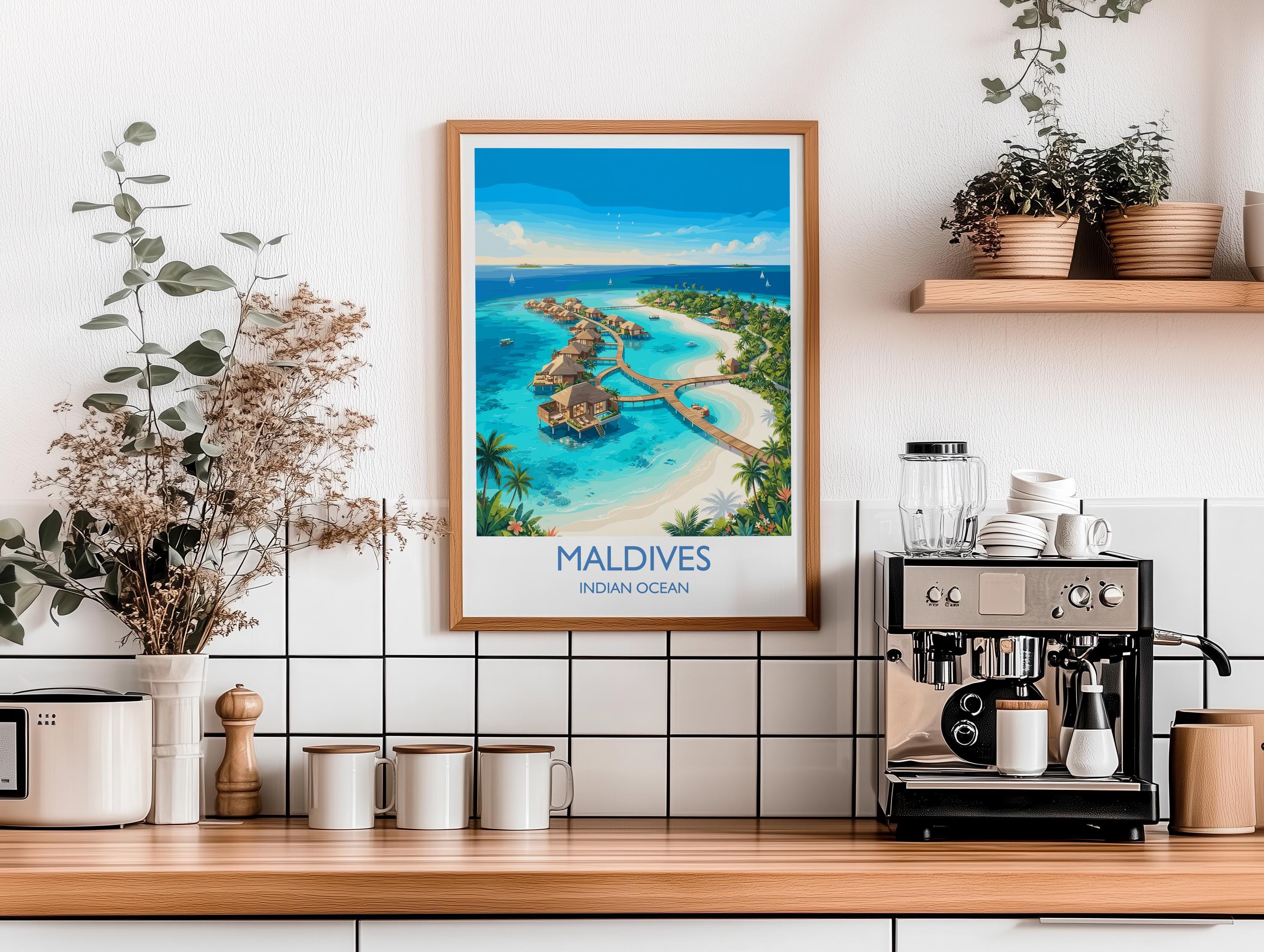 Maldives Indian Ocean Travel Poster, Tropical Island Wall Art, Maldives Beach Print, Overwater Bungalows, Luxury Island Travel Poster