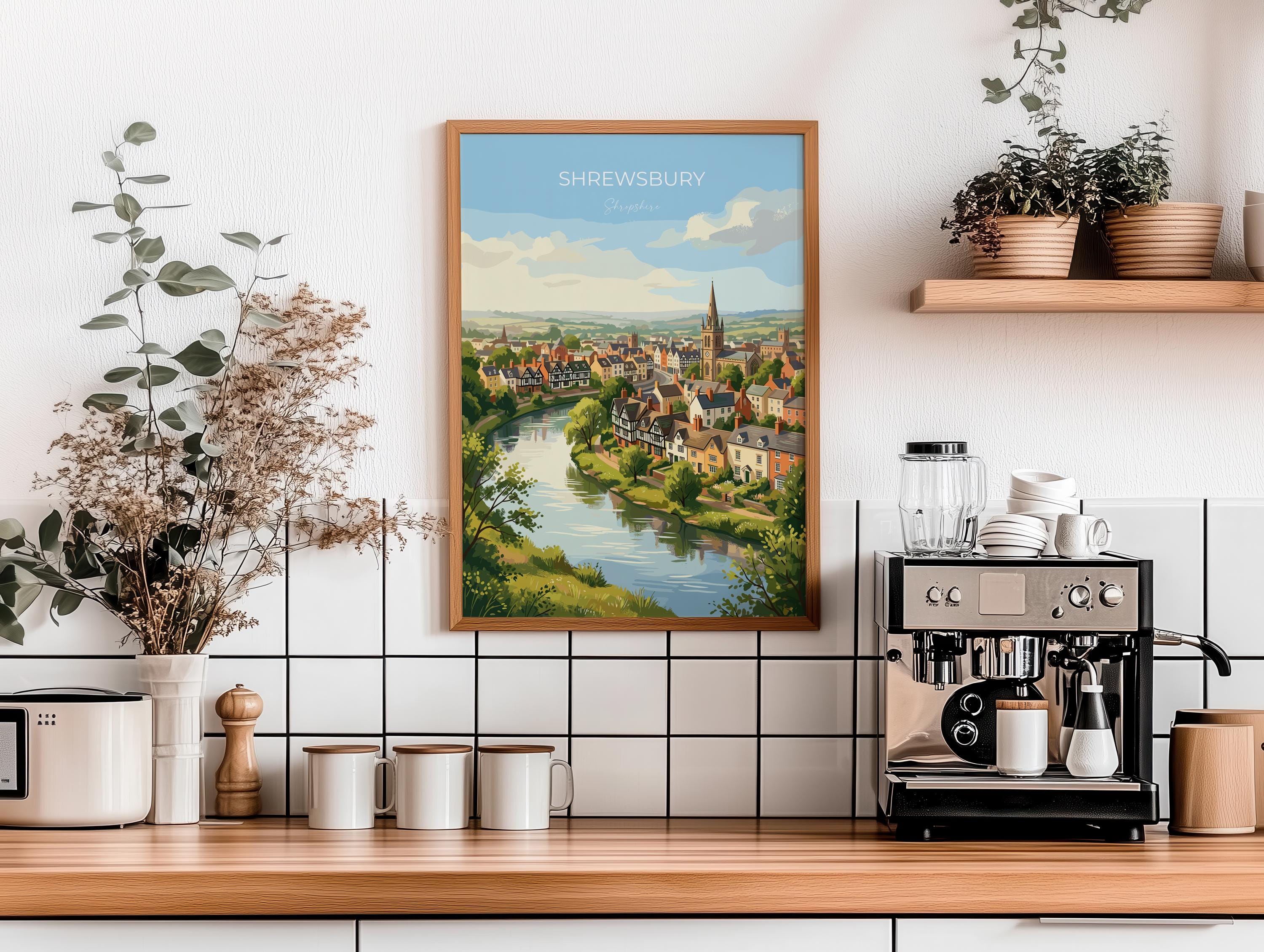 Shrewsbury Travel Print, River Severn Wall Art, Shrewsbury Town Poster, Historic Church Illustration, Shropshire Landscape, UK Decor