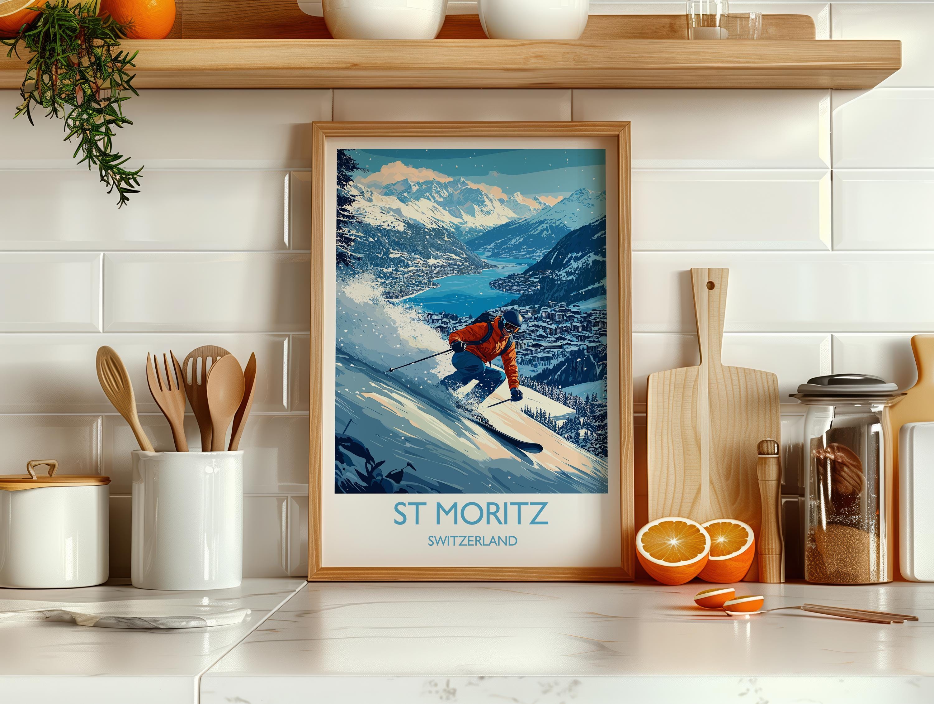 St Moritz Wall Art Travel Poster, Travel Print of St Moritz, Ski Poster, Switzerland Alps Art Travel Lovers Gift NQ Media Designs