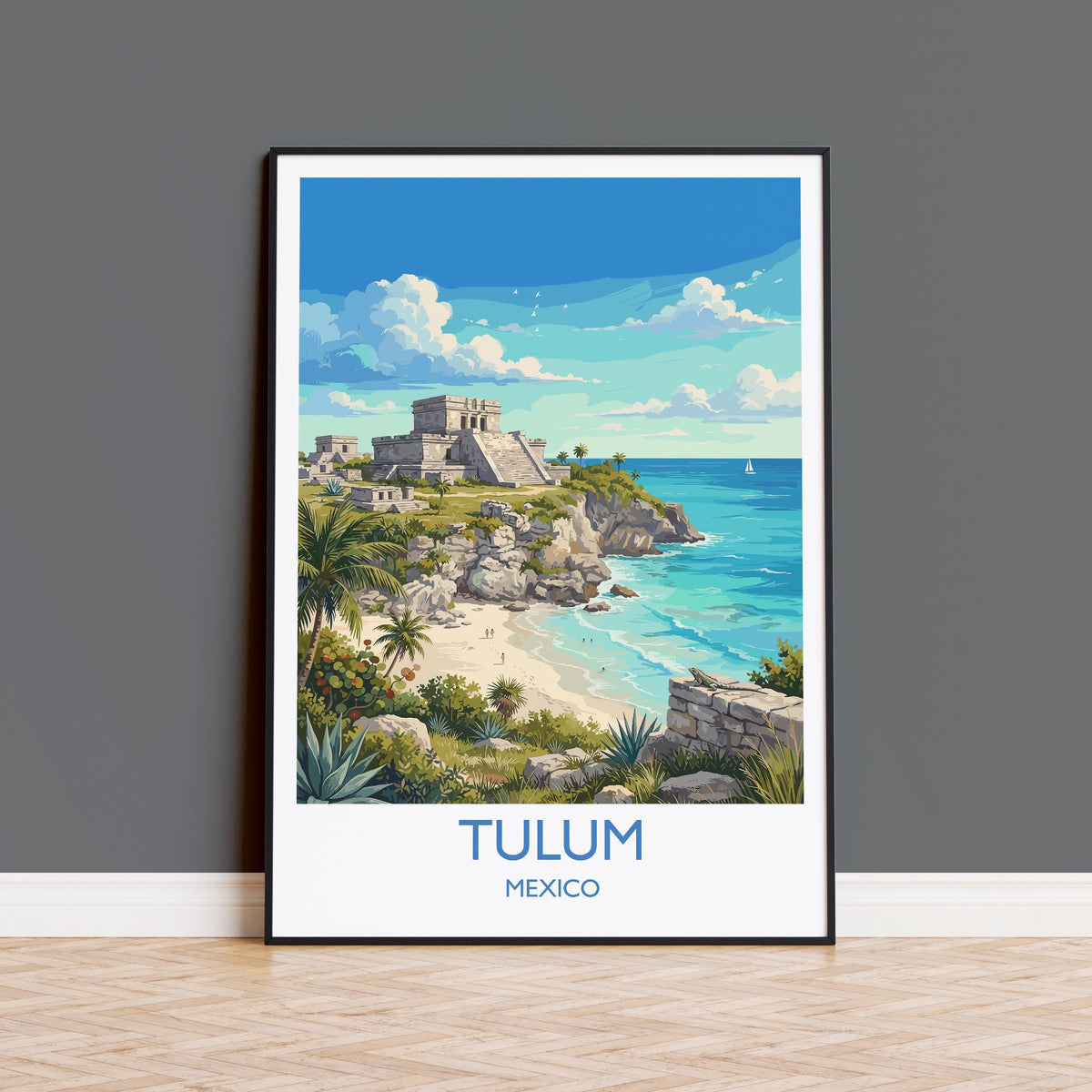 Tulum Mexico Print, Mayan Ruins Wall Art with Border, Caribbean Poster, Mexico Travel Print, Tulum Gift Print