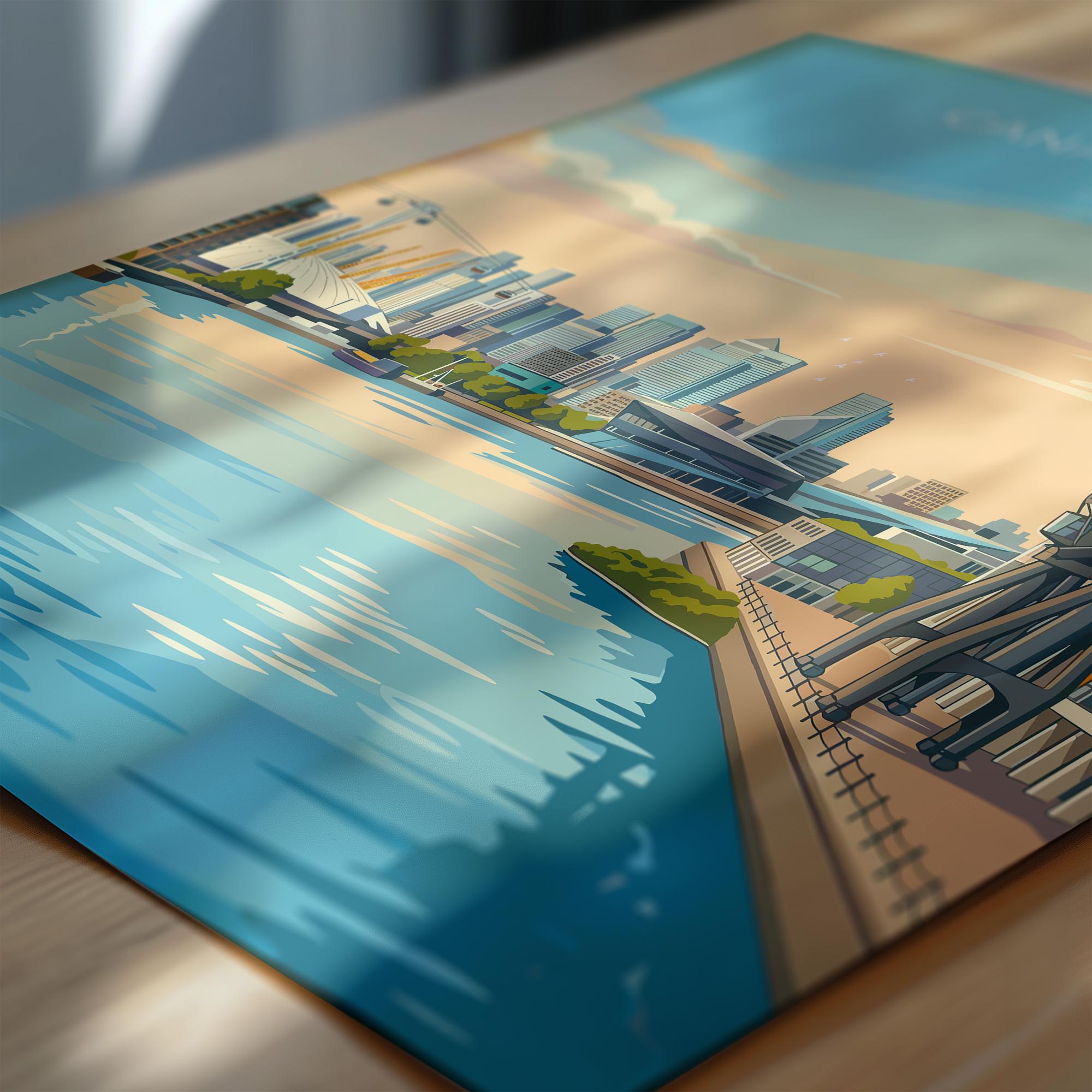 Canary Wharf London Travel Print, Royal Victoria Dock Wall Art, London Skyline Poster, O2 & Cable Car, East London Travel Poster