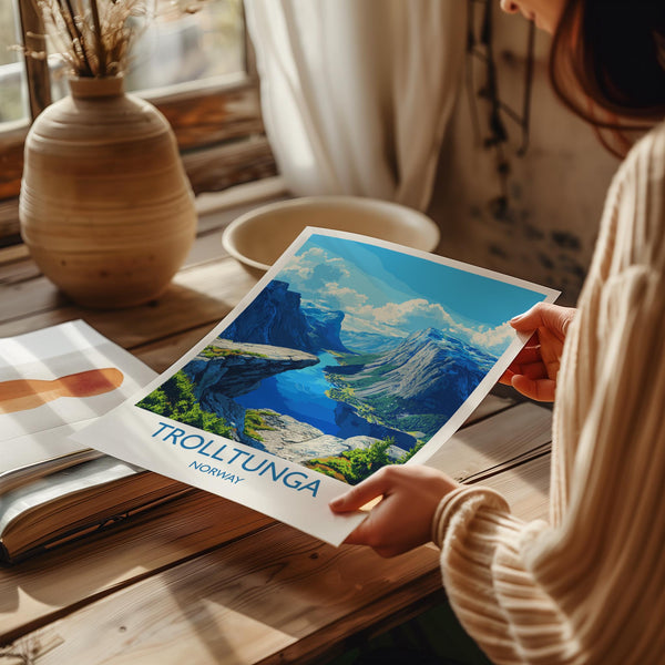 Trolltunga Travel Print, Travel Poster of Fjords, Norway Poster, Trolltunga Art Gift, Norway Art Lovers Travel Gift