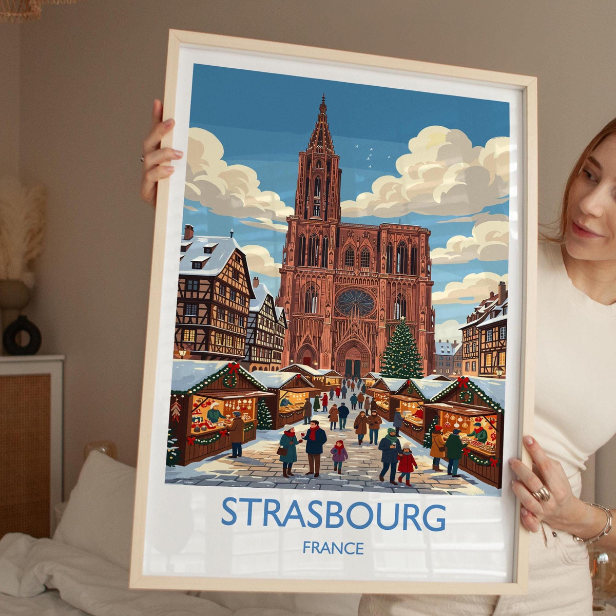 Strasbourg Christmas Market Print, Alsace Winter Wall Art with Border, Petite France Poster, France Festive Travel Print, Strasbourg Gift