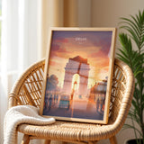 Delhi India Travel Print, India Gate Wall Art, New Delhi Landmark Poster, Monument Sunset Illustration, Vintage Style Asia, India Gift