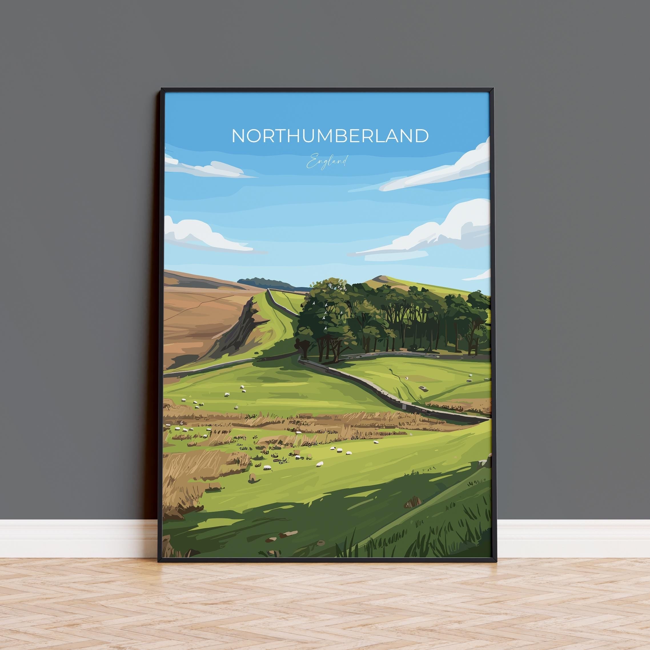 Northumberland Travel Poster, Travel Print of Northumberland Countryside, Hadrians Wall, England, Housesteads Fort Art, Wall Art Print NQ Media Designs