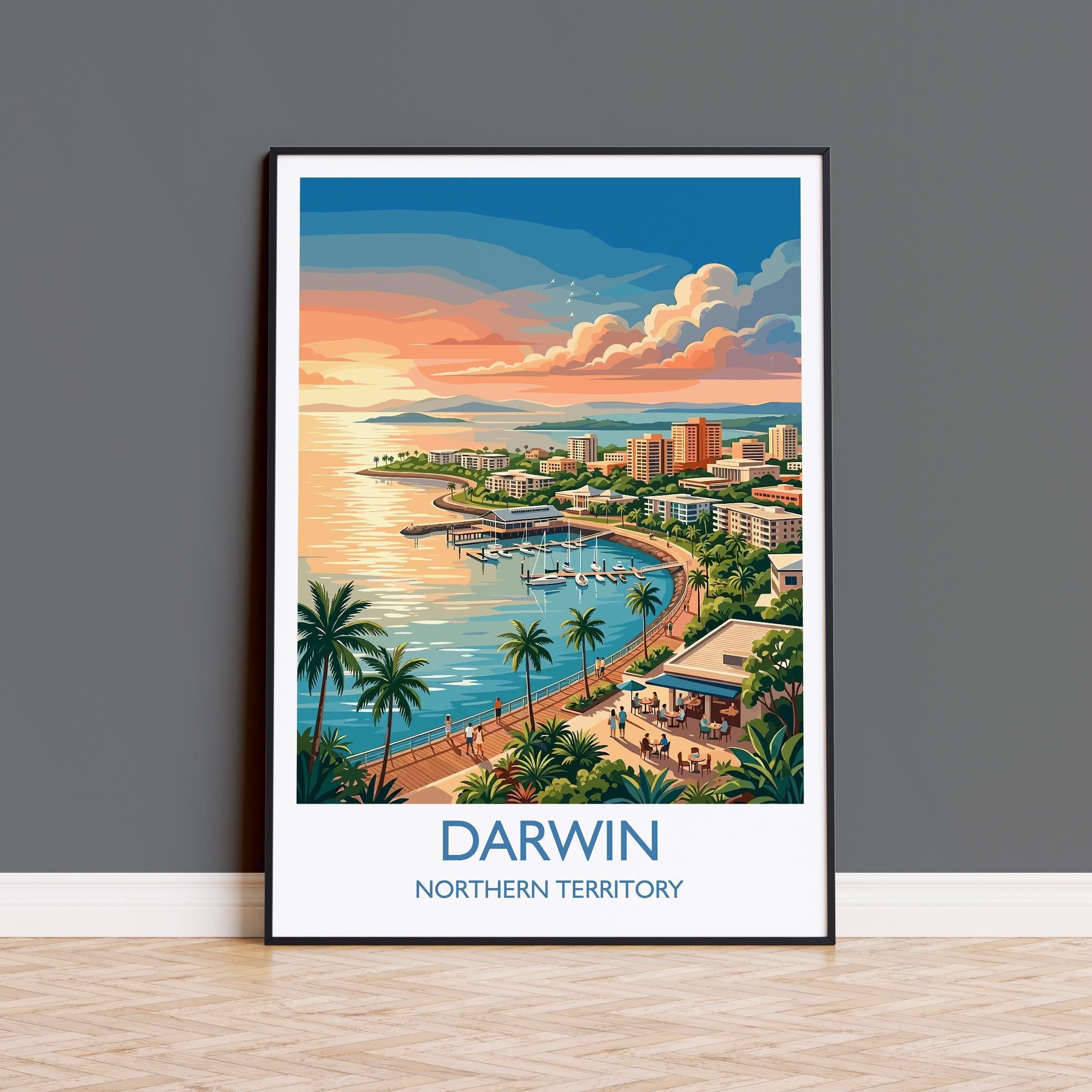 Darwin Australia Travel Poster, Darwin Waterfront Wall Art, Northern Territory Print, Tropical Cityscape Illustration, Australia Art Decor