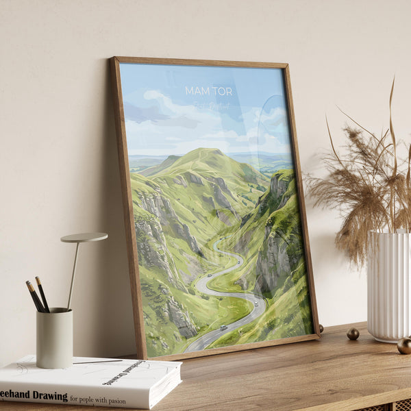 Mam Tor Travel Print, Peak District Wall Art, Derbyshire Landscape Poster, Great Ridge Illustration, UK Nature Decor, Peak District Gift