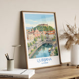 Ljubljana Slovenia Print, Dragon Bridge Wall Art with Border, Ljubljana Castle Poster, Slovenia Travel Print, Ljubljana Gift Print