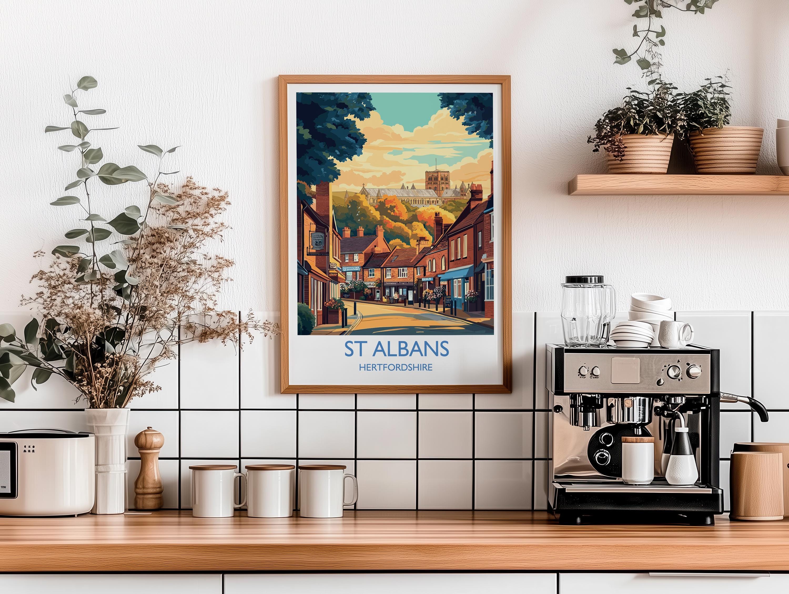 St Albans Travel Poster Wall Art, Travel Print of St Albans, Hertfordshire, England, English Cathedral City Gift NQ Media Designs