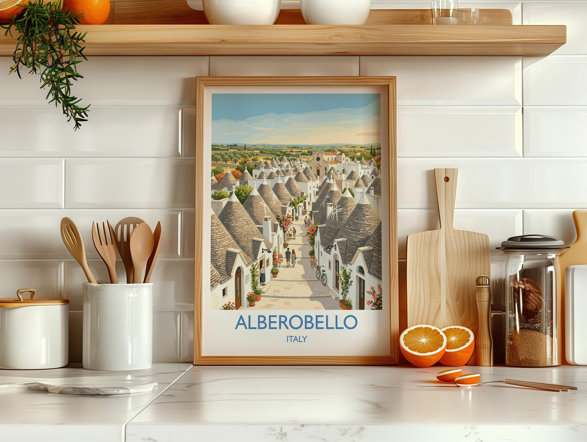Alberobello Italy Print, Trulli Houses Wall Art with Border, Puglia Village Poster, Italian Travel Print, Alberobello Gift Print