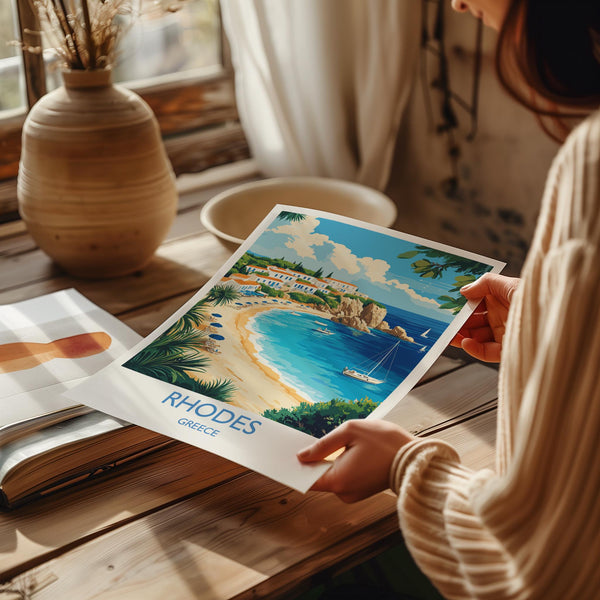 Rhodes Travel Print, Travel Poster of Rhodes, Greece Gift, Greek Islands Art Lovers Gift, Rhodes Wall Art Print