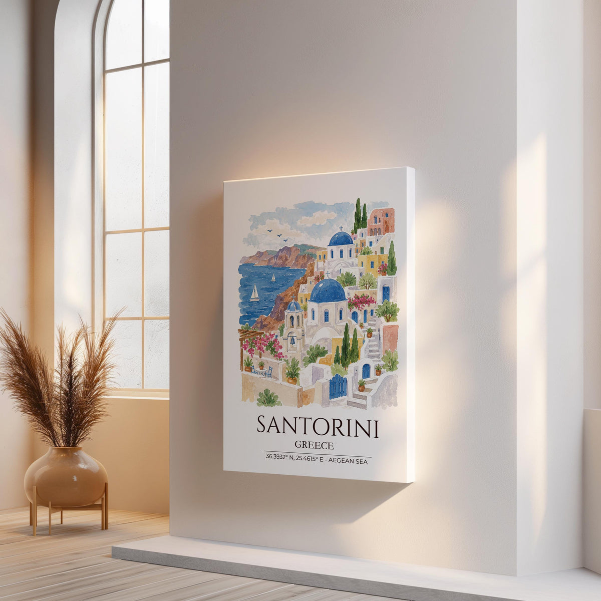 Santorini Greece Watercolour Print, Oia Sunset Wall Art, Blue Dome Church Poster, Aegean Sea Print, Greek Island Watercolour
