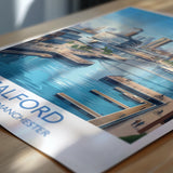 Salford Quays Travel Poster, Salford Manchester Wall Art, MediaCityUK Waterfront Print, Modern Skyline Illustration, Vintage Style UK Decor