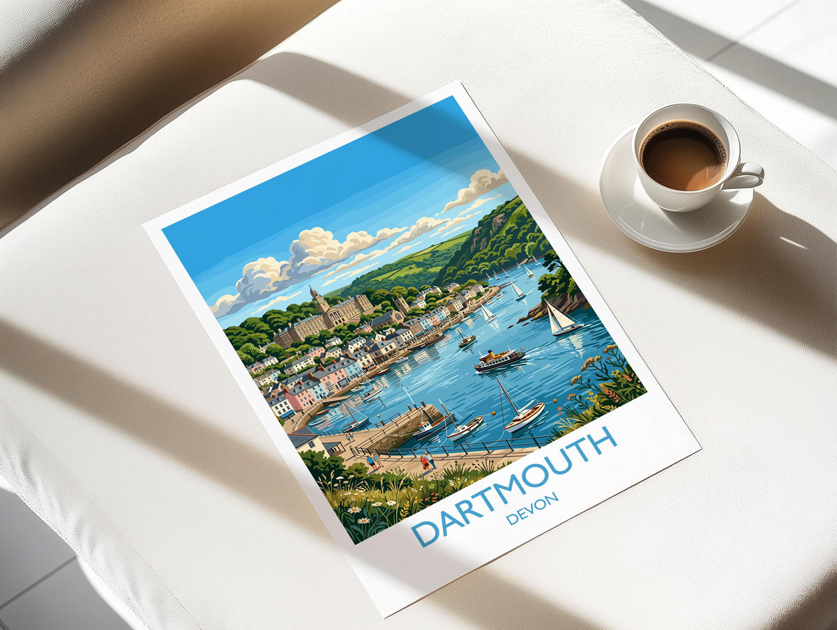 Dartmouth Print, Devon Travel Poster with White Border, River Dart Wall Art, Britannia Royal Naval College Print, Devon Coastal Gift
