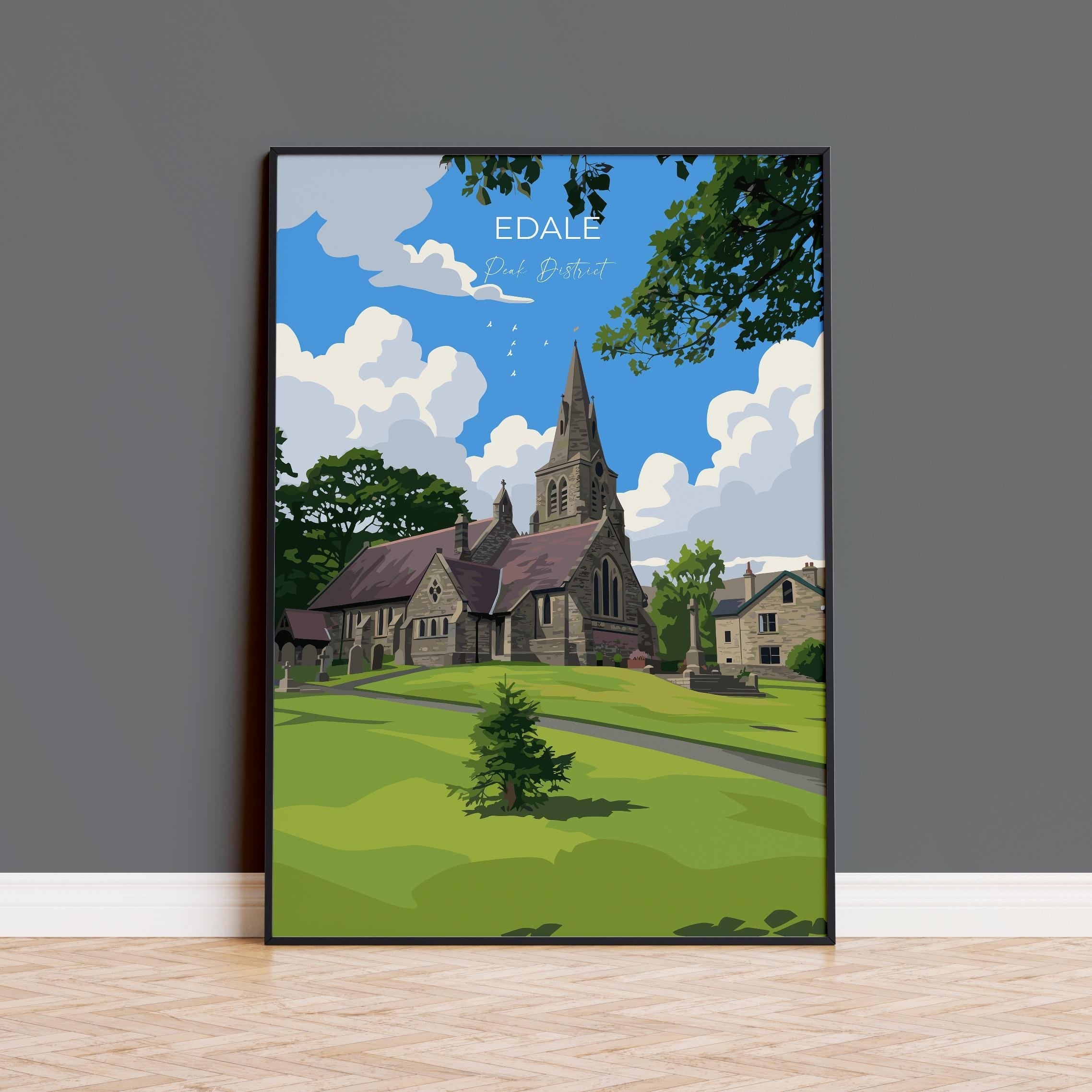 Edale Village, Peak District Travel Poster Wall Art, Travel Print of Peak District, Derbyshire, English Countryside NQ Media Designs