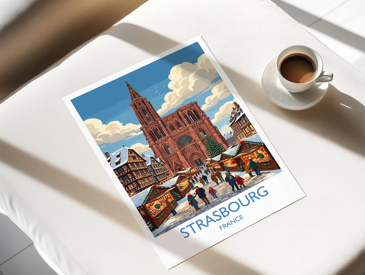 Strasbourg Christmas Market Print, Alsace Winter Wall Art with Border, Petite France Poster, France Festive Travel Print, Strasbourg Gift