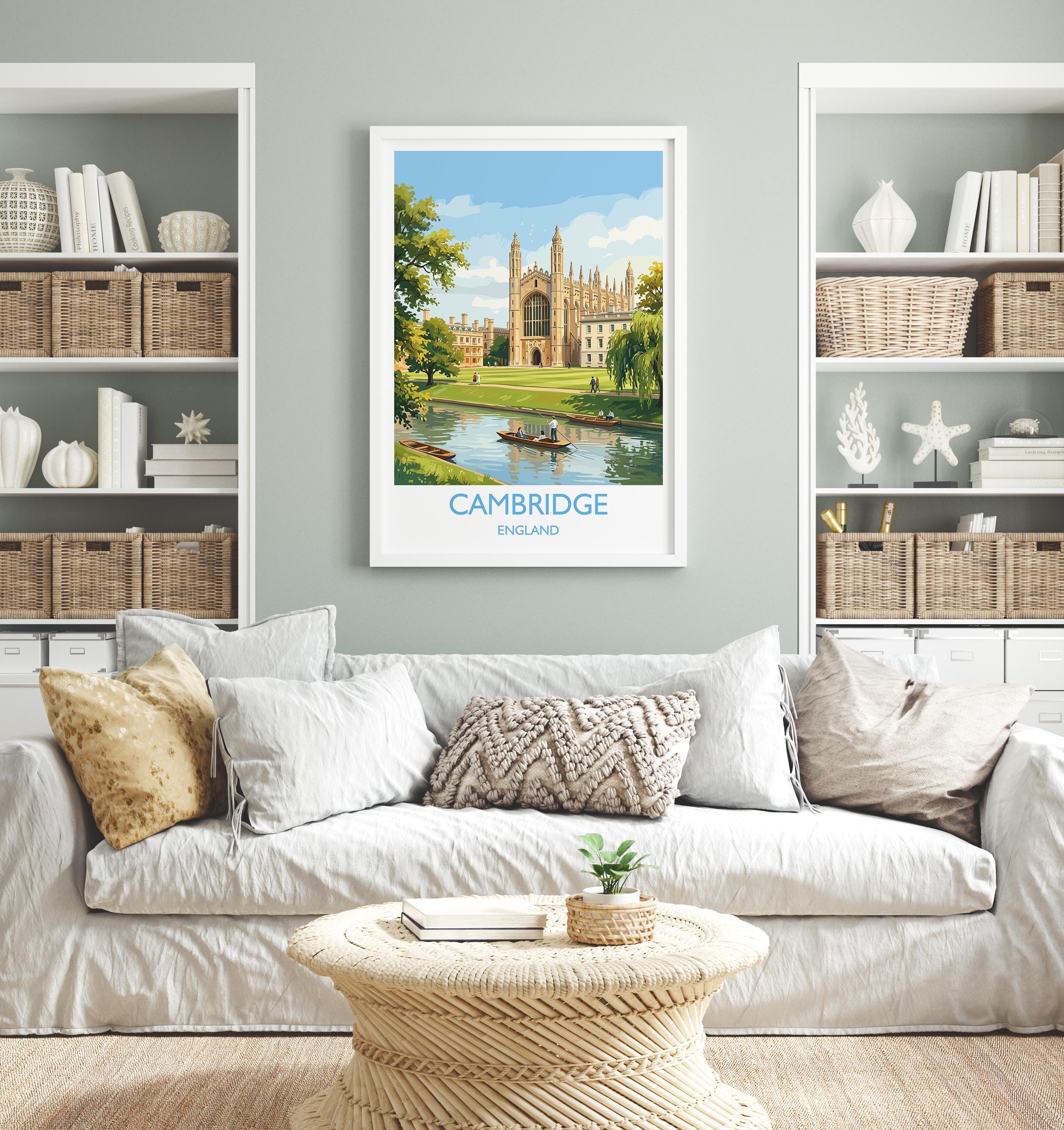 Cambridge Travel Poster, Kings College Cambridge Wall Art, River Cam Punting Scene Print, Historic University Illustration, UK Vintage Style NQ Media Designs