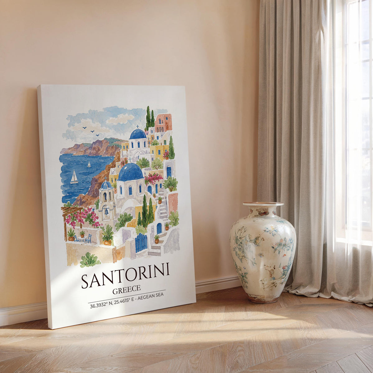 Santorini Greece Watercolour Print, Oia Sunset Wall Art, Blue Dome Church Poster, Aegean Sea Print, Greek Island Watercolour