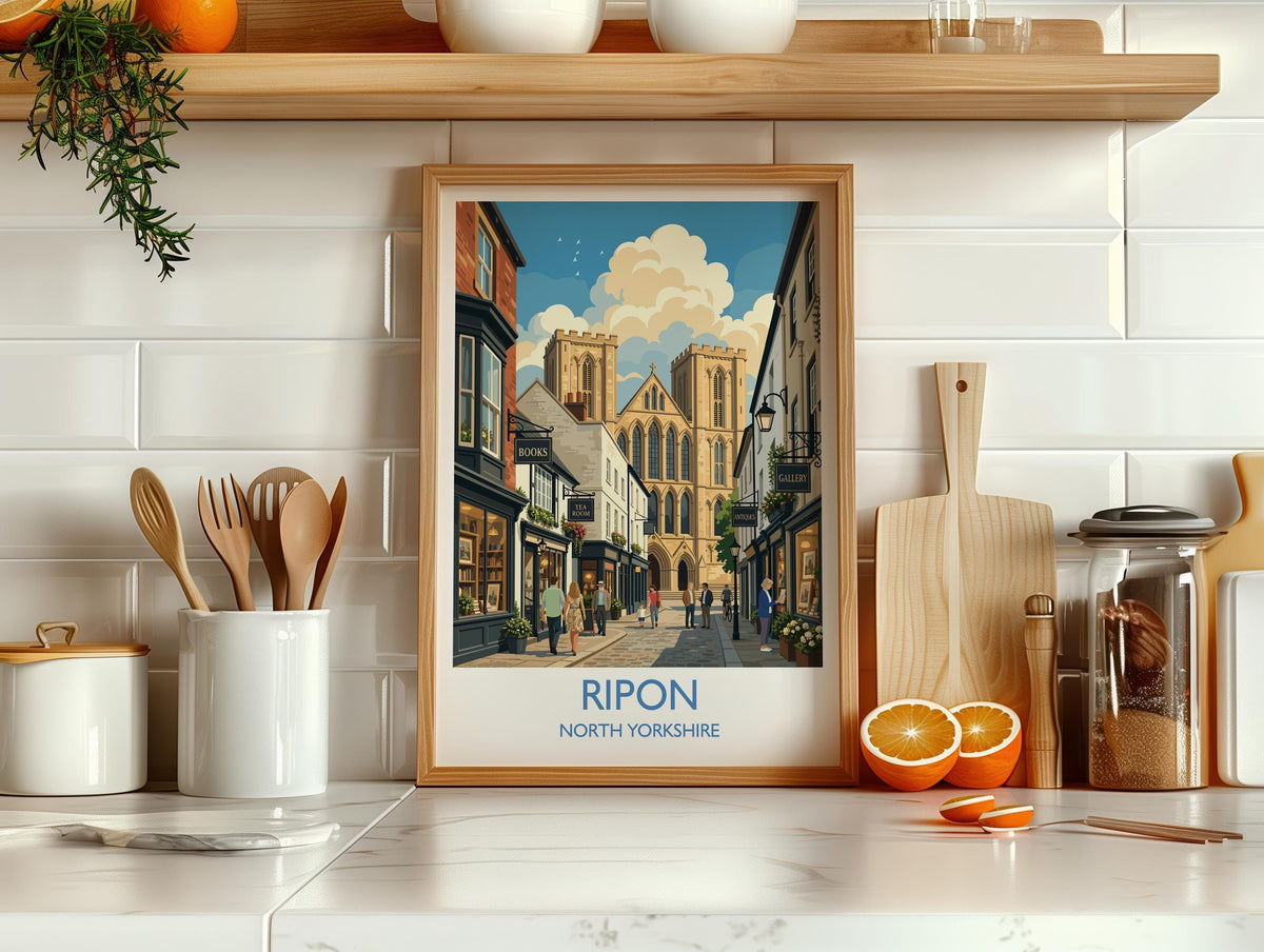 Ripon Cathedral Print, Yorkshire Wall Art with Border, Ripon Street Scene Poster, England Travel Print, Ripon Gift Print