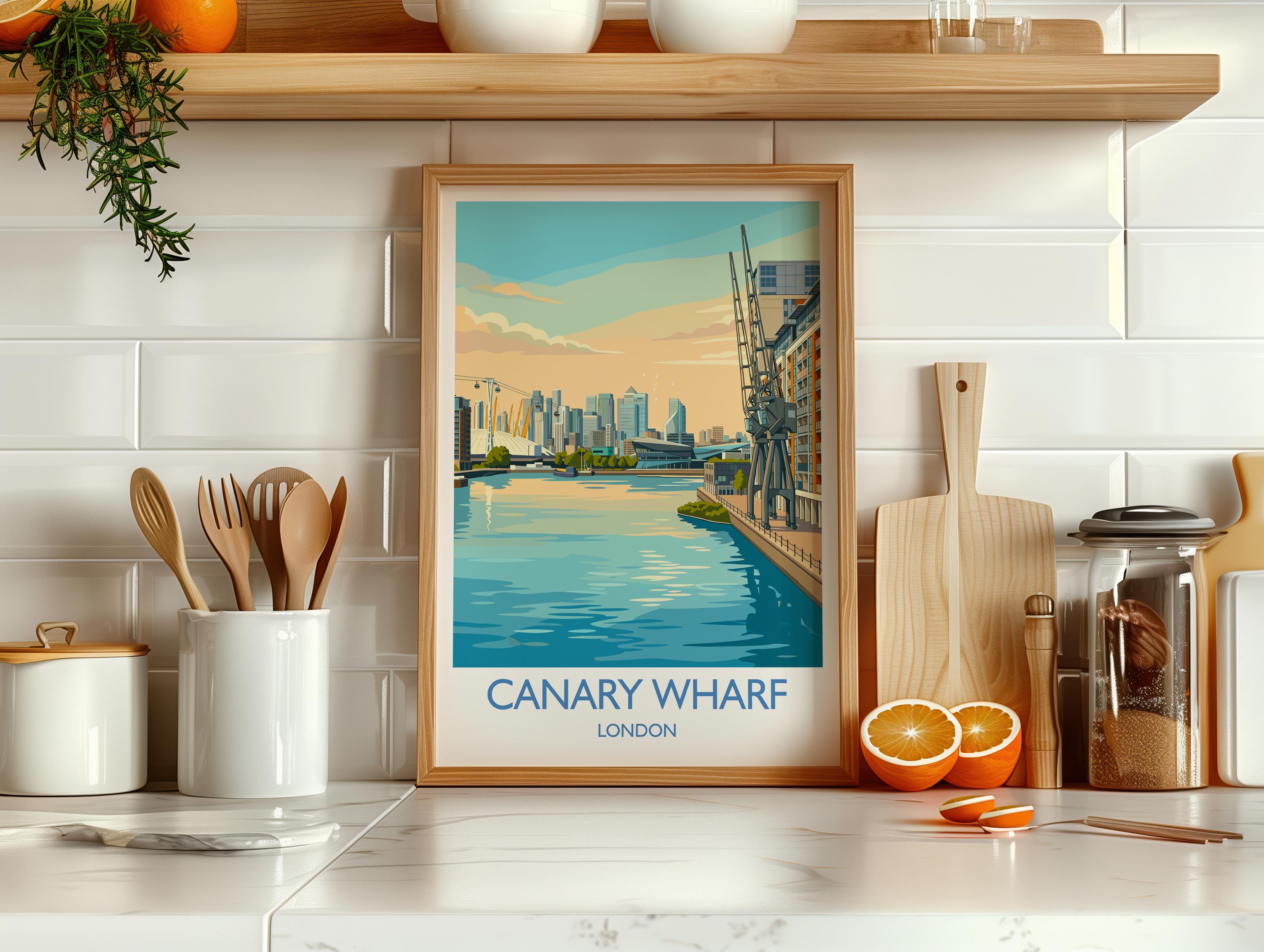 Canary Wharf London Travel Poster, Royal Victoria Dock Wall Art, London Skyline Print, O2 & Cable Car, East London Travel Poster