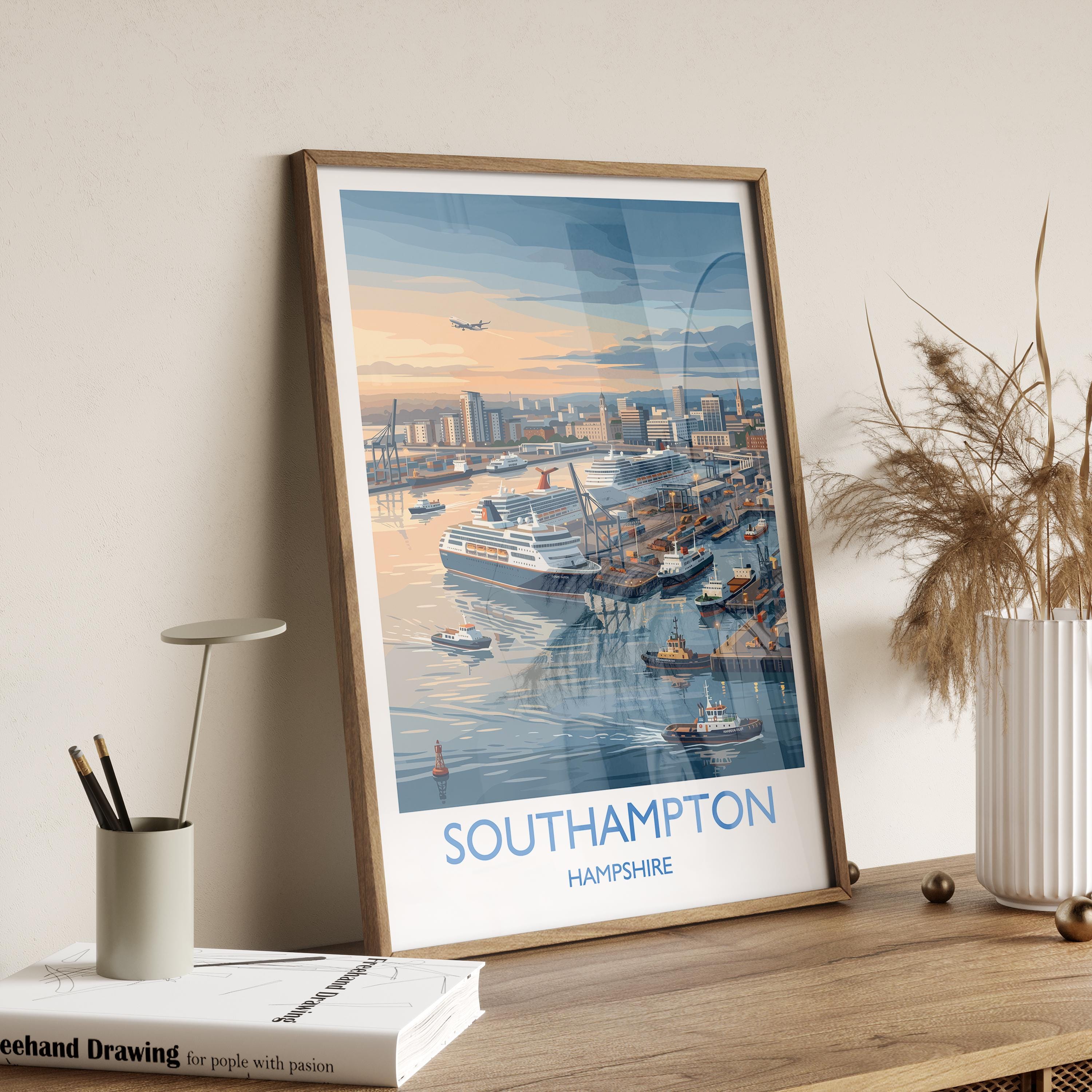 Port of Southampton Travel Poster, Southampton Docks Wall Art, Cruise Ship Harbour Print, Historic Port Illustration, UK Coastal Decor