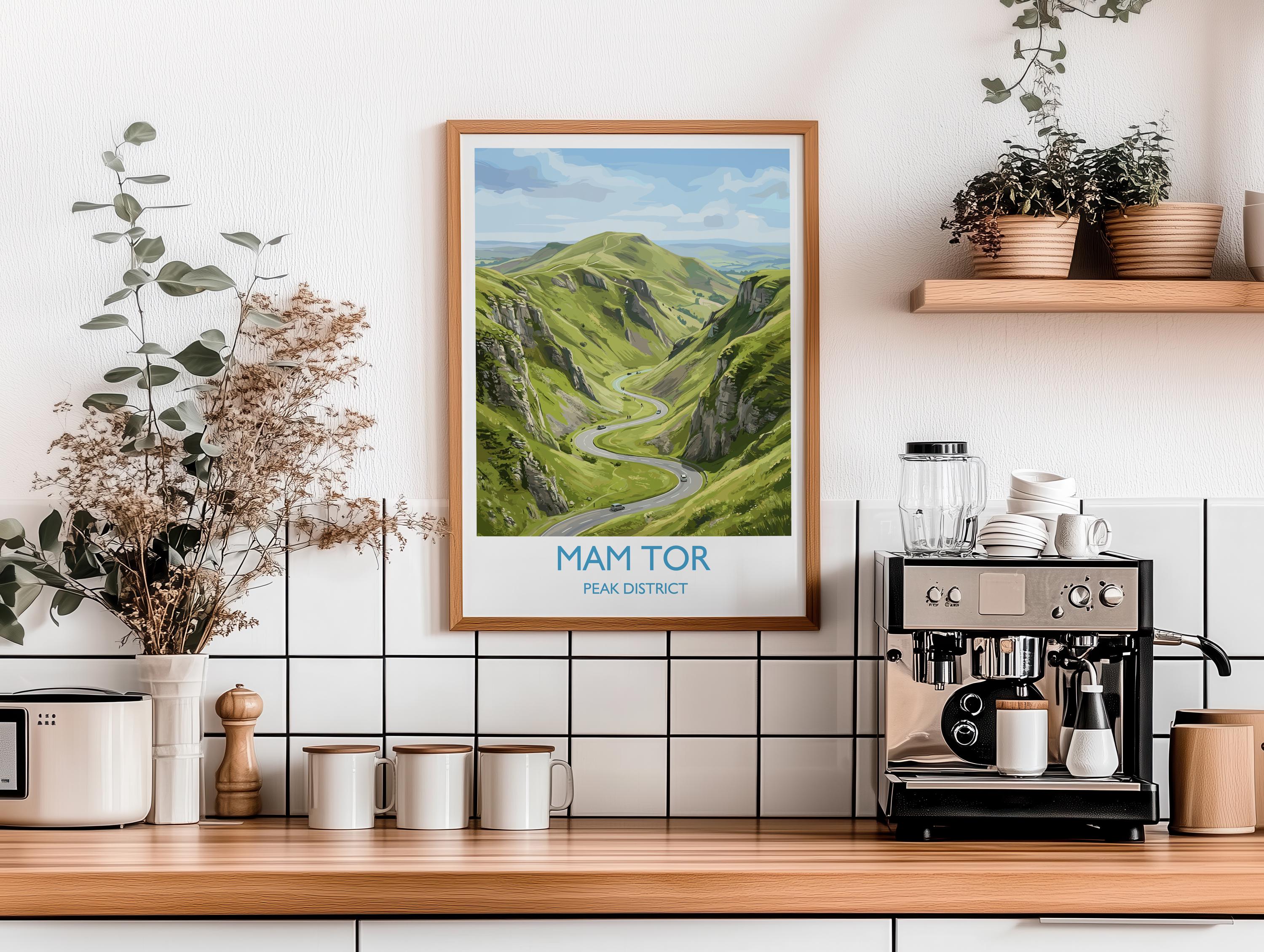 Mam Tor Travel Poster, Peak District Wall Art, Derbyshire Landscape Print, Great Ridge Illustration, UK Nature Decor, Peak District Gift NQ Media Designs