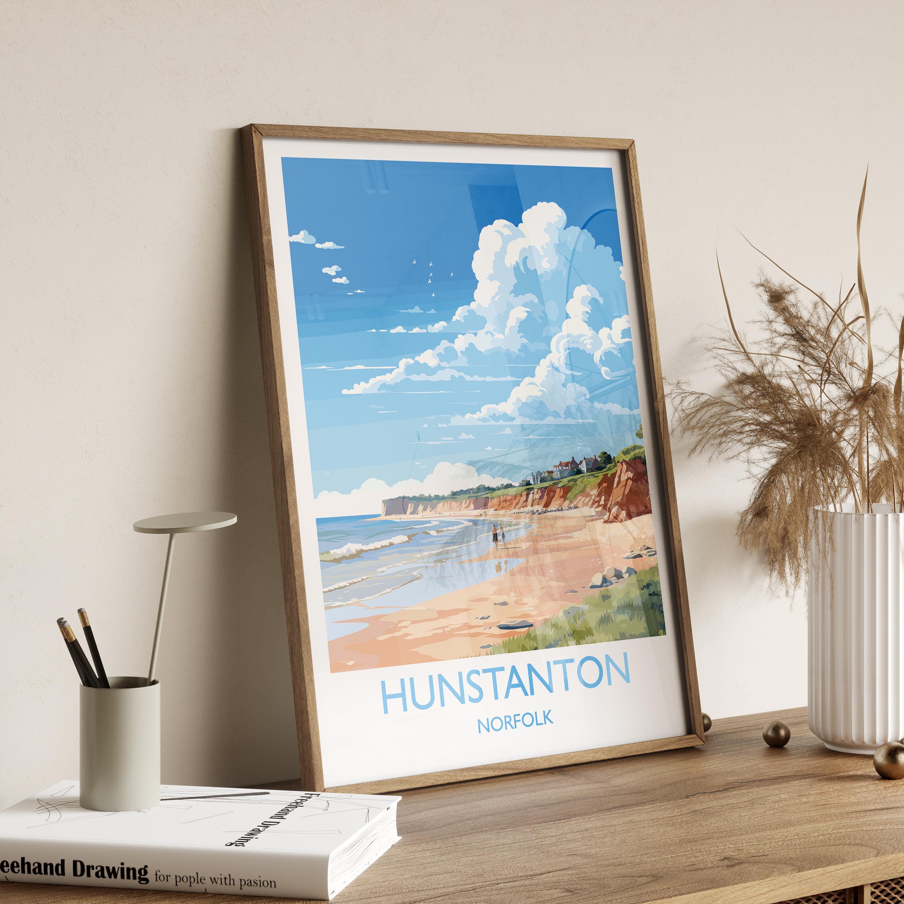 Hunstanton Beach Travel Print, Travel Poster of Hunstanton Beach, Norfolk, England, Norfolk Art, Norfolk Gift, Wall Art Print NQ Media Designs