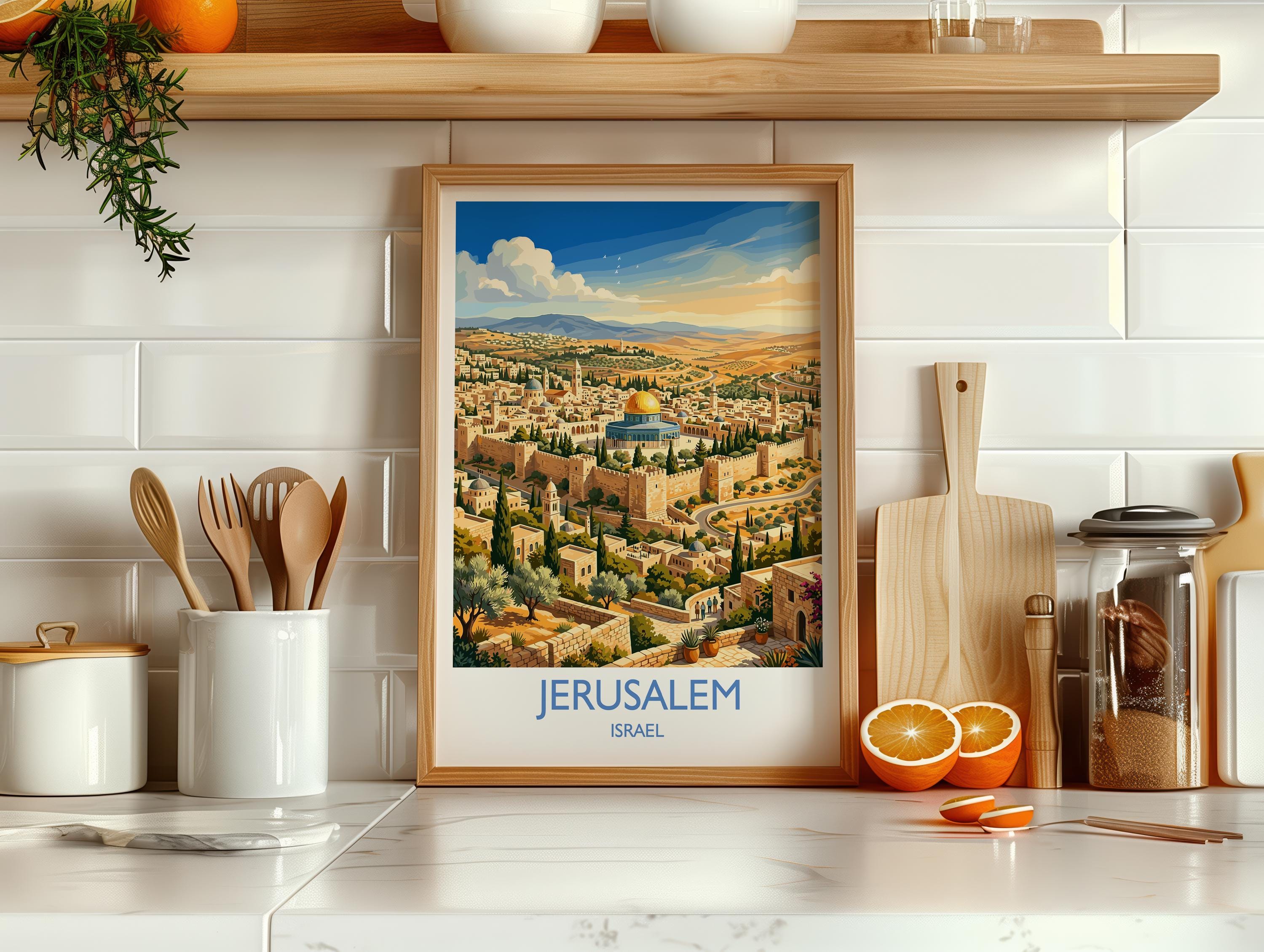 Jerusalem Israel Travel Poster, Old City Wall Art, Dome of the Rock Print, Jerusalem Skyline Illustration, Historic Middle East Decor