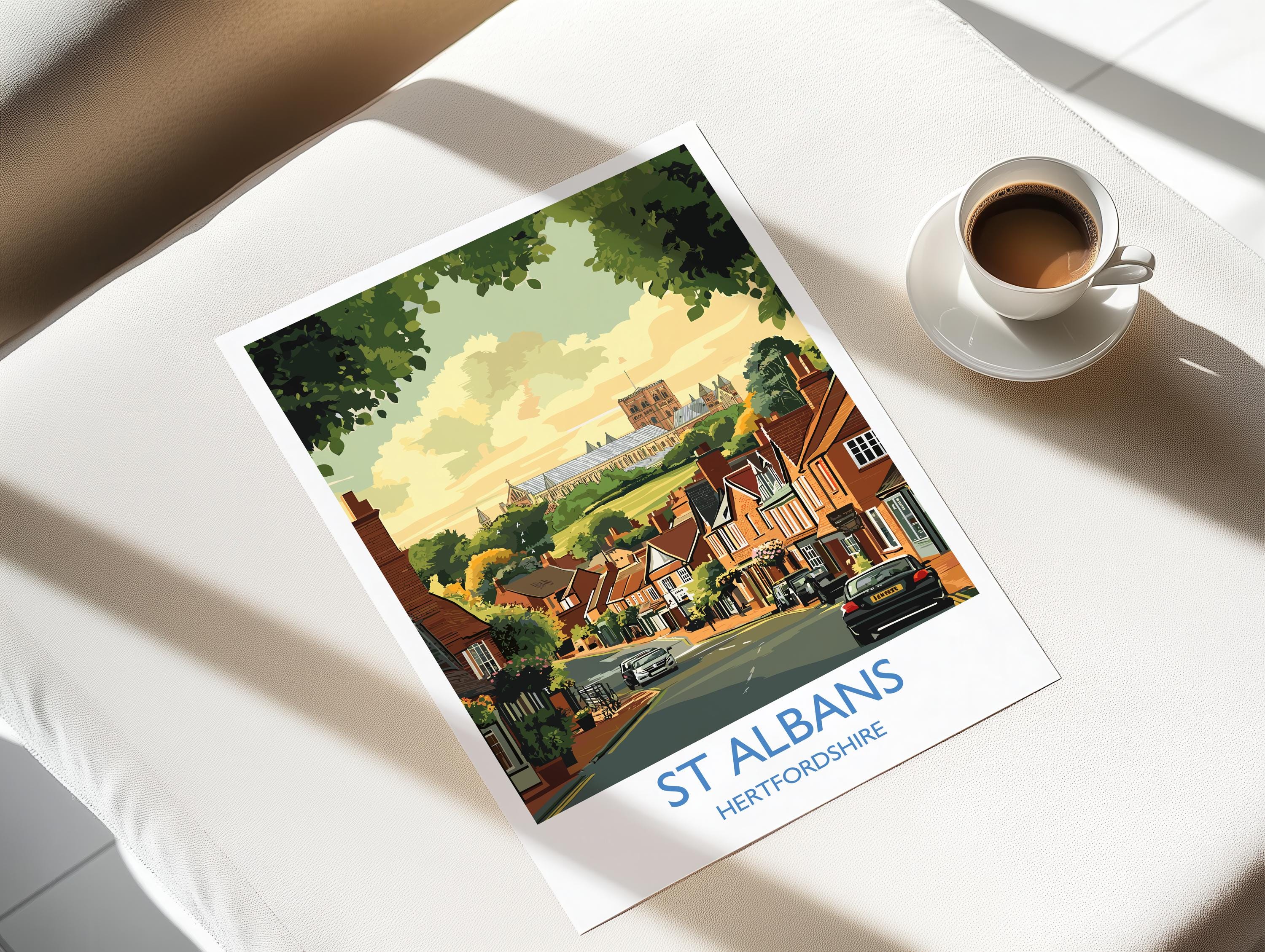 St Albans Travel Poster Wall Art, Travel Print of St Albans, Hertfordshire, England, English Cathedral City Gift NQ Media Designs