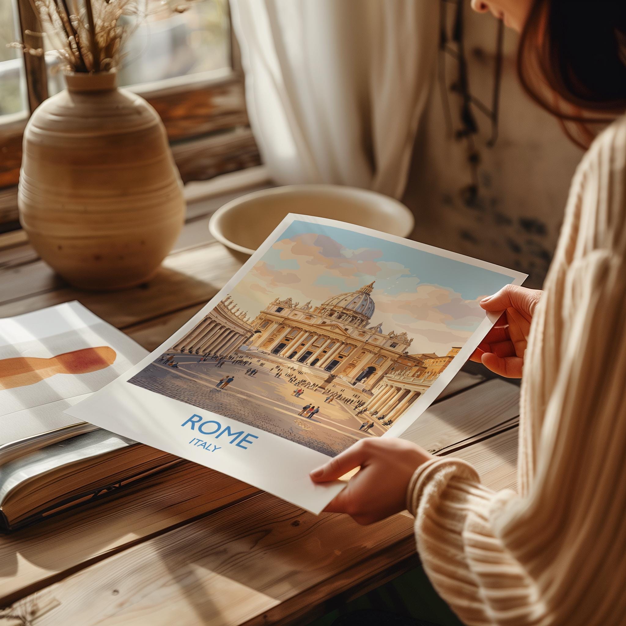 Rome St Peters Basilica Travel Poster, Vatican Skyline Wall Art, Tiber River View Print, Historic Cityscape Illustration, Italy Decor