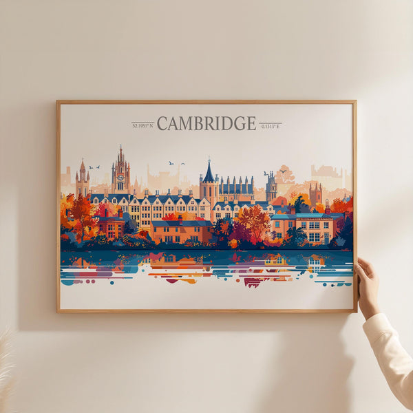 Cambridge Travel Print Skyline Wall Art Landscape, Travel Poster of Cambridge, Cambridge Art Lovers Gift, England Horizontal Art Gift