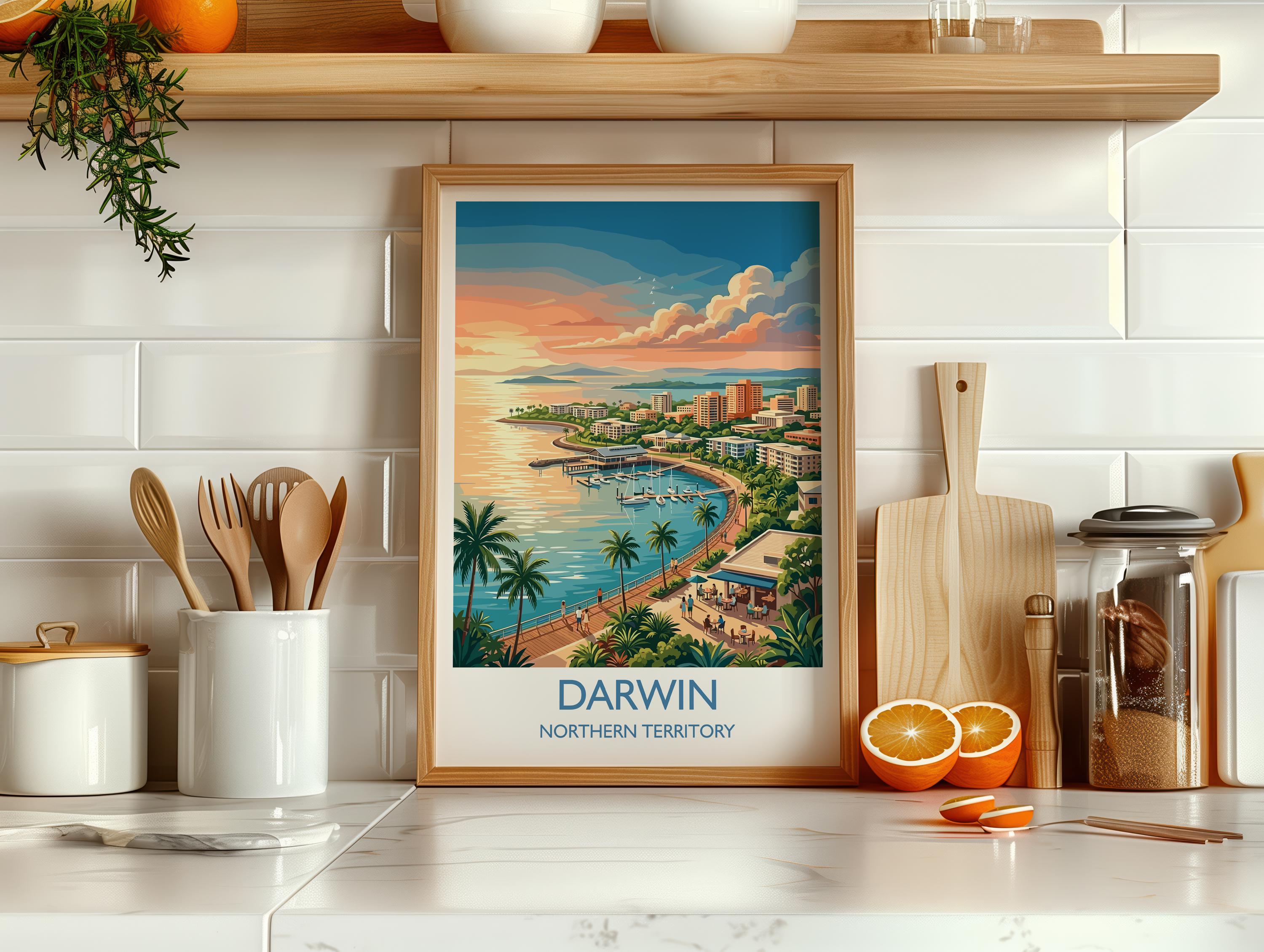 Darwin Australia Travel Poster, Darwin Waterfront Wall Art, Northern Territory Print, Tropical Cityscape Illustration, Australia Art Decor
