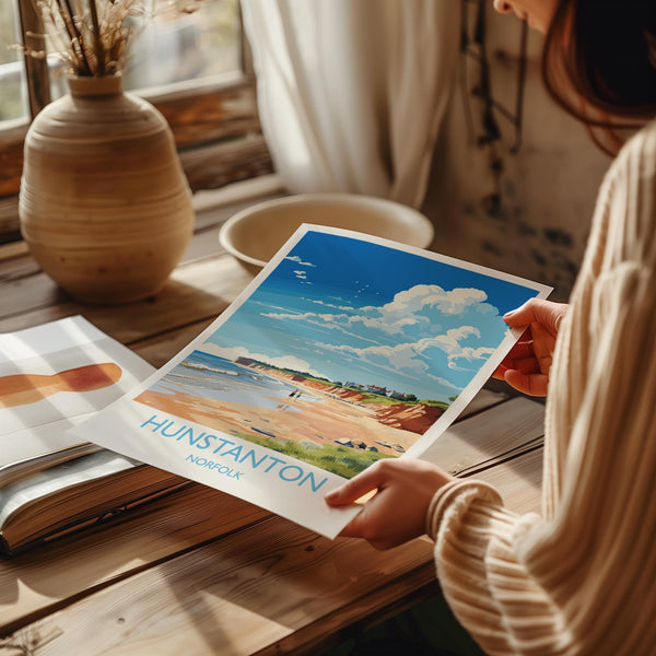 Hunstanton Beach Travel Print, Travel Poster of Hunstanton Beach, Norfolk, England, Norfolk Art, Norfolk Gift, Wall Art Print