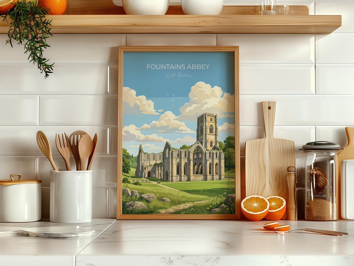 Fountains Abbey Poster, Yorkshire Wall Art, Ripon Abbey Ruins Print, England Travel Poster, Fountains Abbey Gift