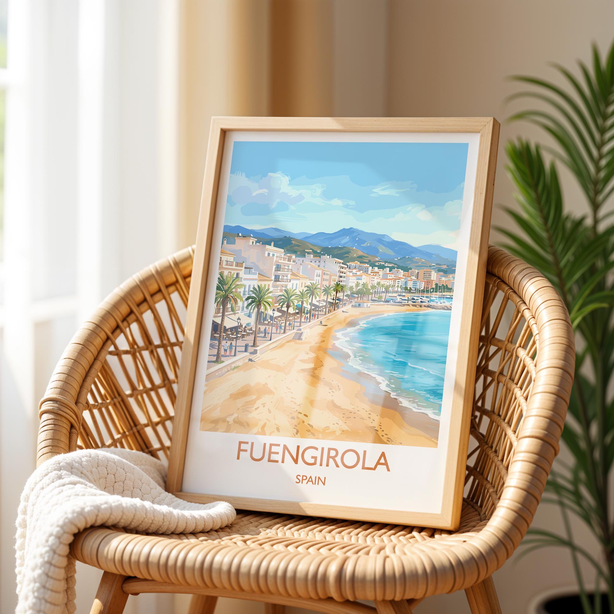 Fuengirola Spain Travel Poster, Costa del Sol Beach Wall Art, Seaside Promenade Print, Spanish Coastal Illustration, Holiday Decor
