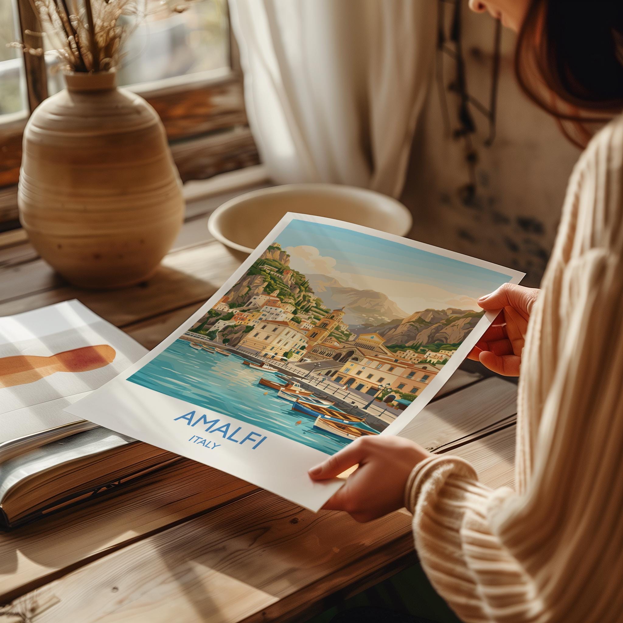 Amalfi Italy Travel Poster, Amalfi Coast Wall Art, Mediterranean Seaside Print, Colourful Coastal Village Illustration, Vintage Europe Decor