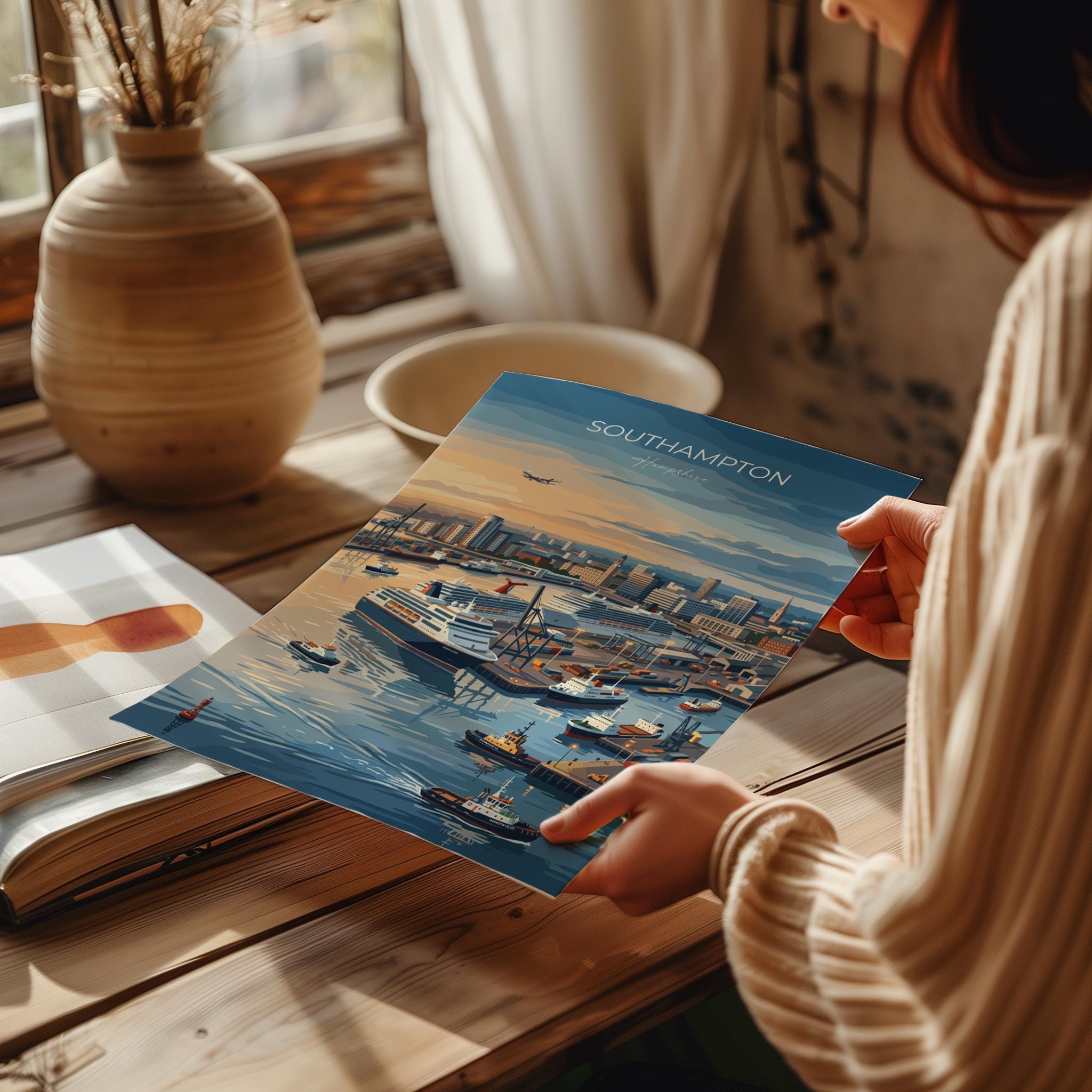 Southampton Port Travel Print, Southampton Docks Wall Art, Cruise Ship Harbour Poster, Historic Port Illustration, UK Coastal Decor