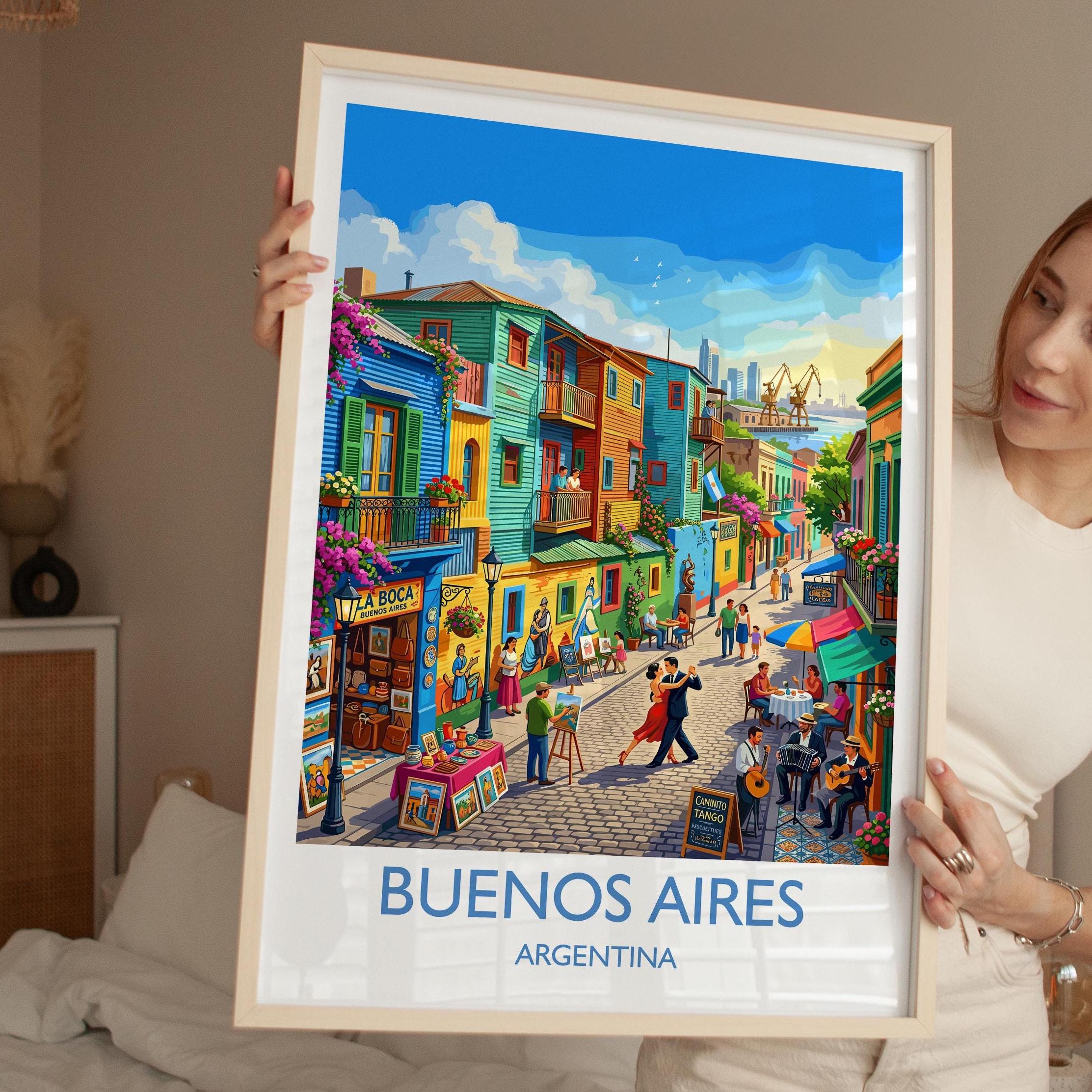 La Boca Buenos Aires Travel Poster, Caminito Wall Art, Colourful Argentina Print, Buenos Aires Illustration, Vintage Style South America