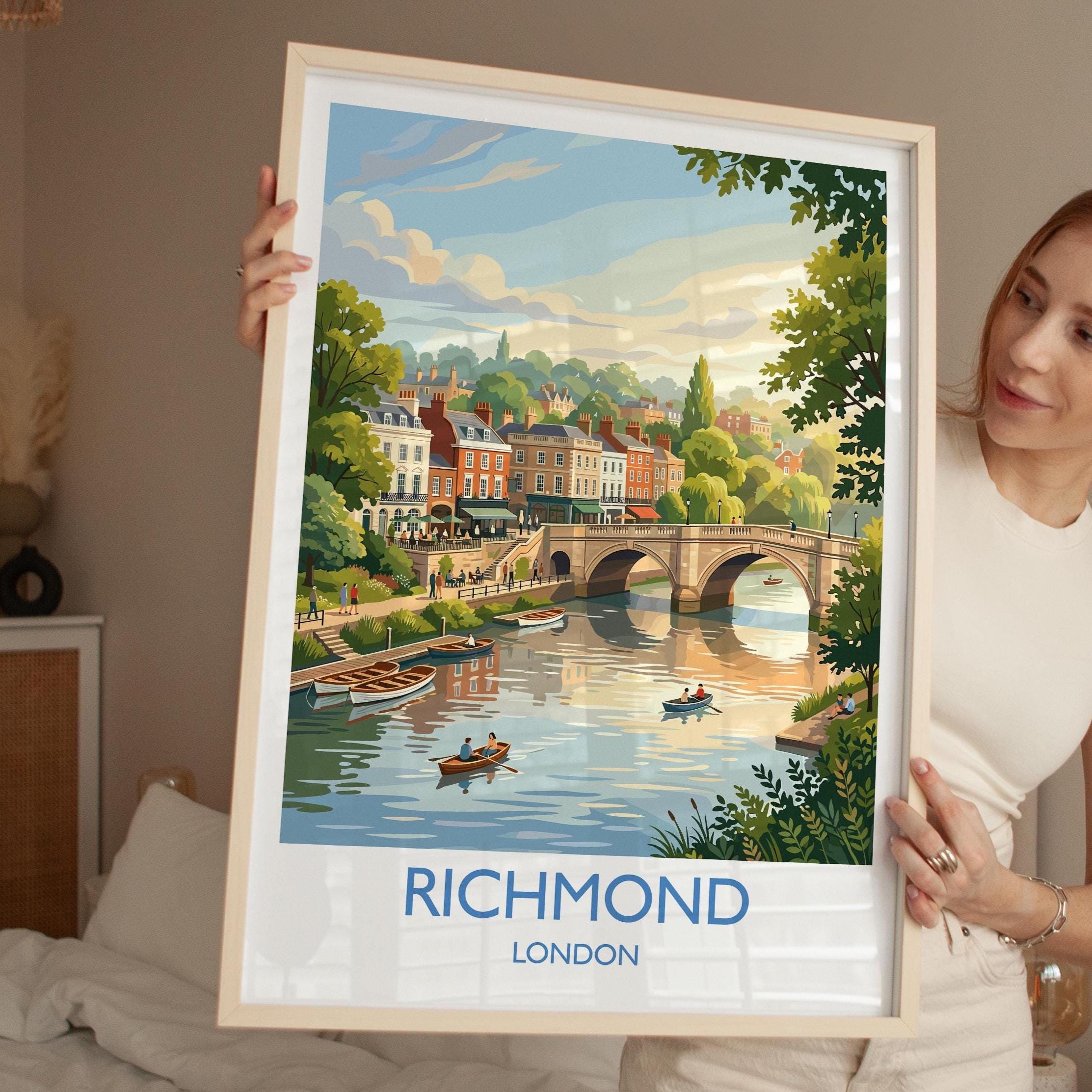 Richmond upon Thames Travel Poster, Richmond Bridge River Thames Wall Art, London Riverside Print, Historic Town Art, Vintage Style UK Decor