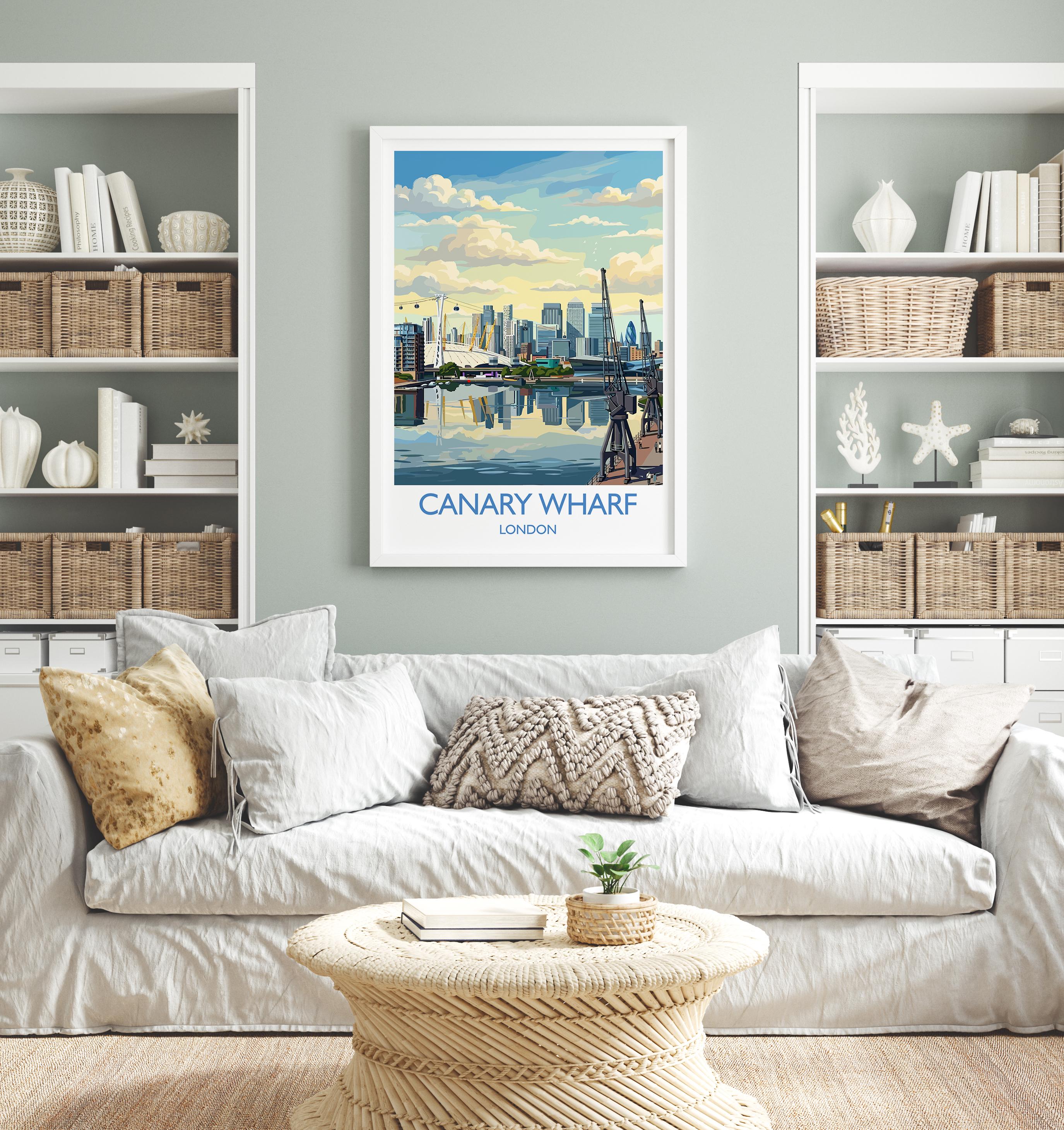Canary Wharf London Travel Poster, Royal Victoria Dock Wall Art, London Skyline Print, O2 & Cable Car, East London Travel Poster