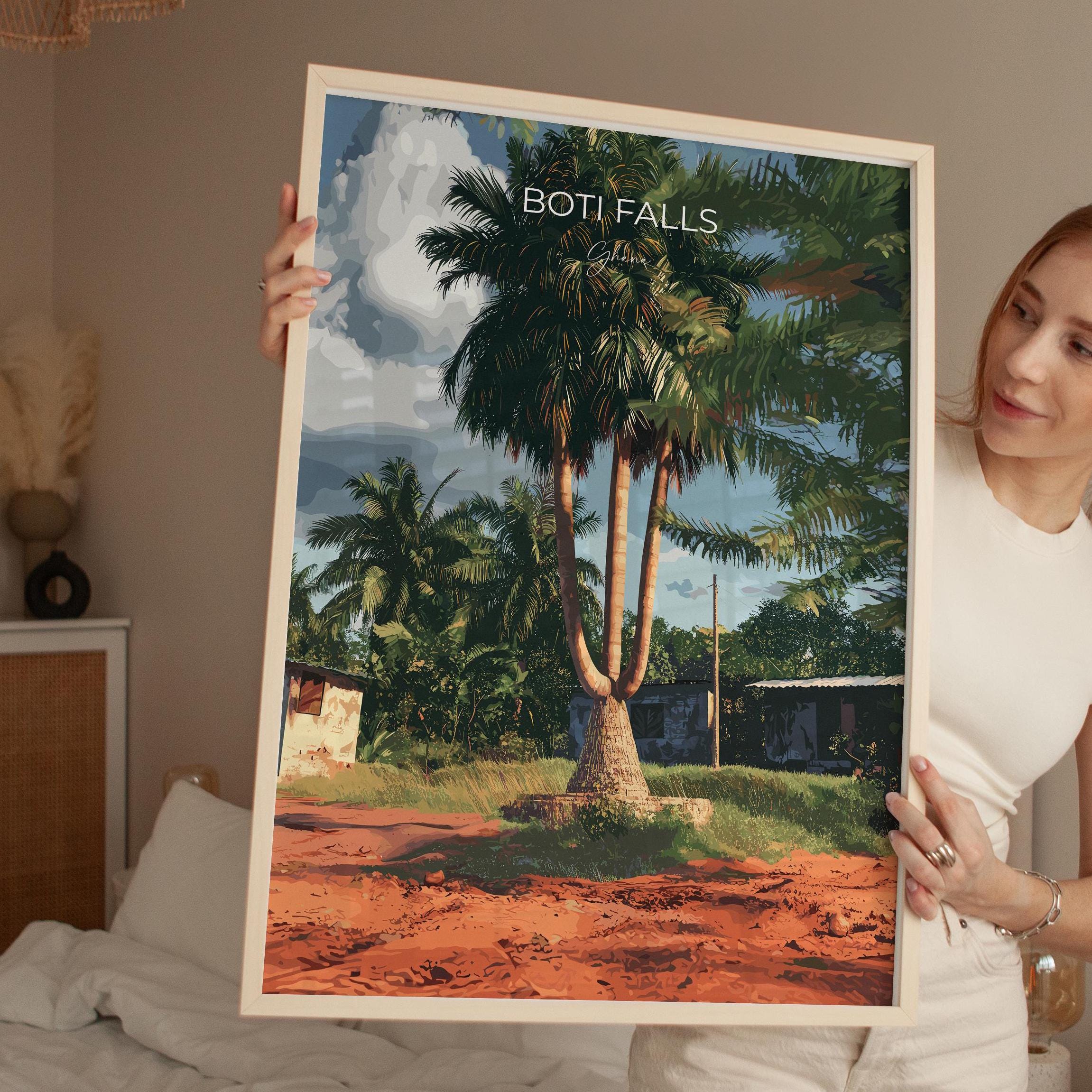Boti Falls Travel Poster, Ghana Travel Print Collection, Three headed Palm Tree, Ghana, Africa Art Lovers Travel Gift NQ Media Designs